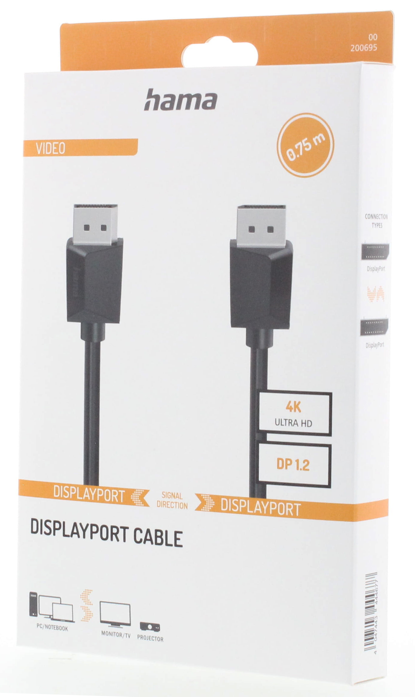 Hama DisplayPort kablo ambalajı, 0,75m, 4K, DP 1.2.