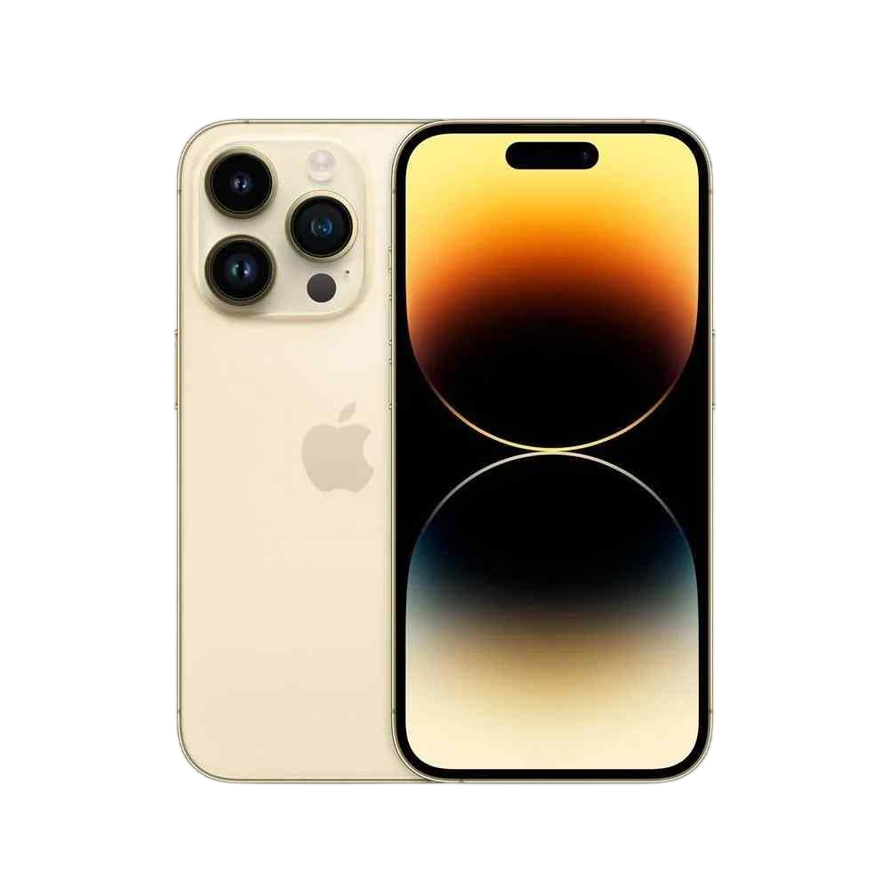 Arkada üç kamerası ve ekranı olan altın renkli iPhone, siyah arka planda.
