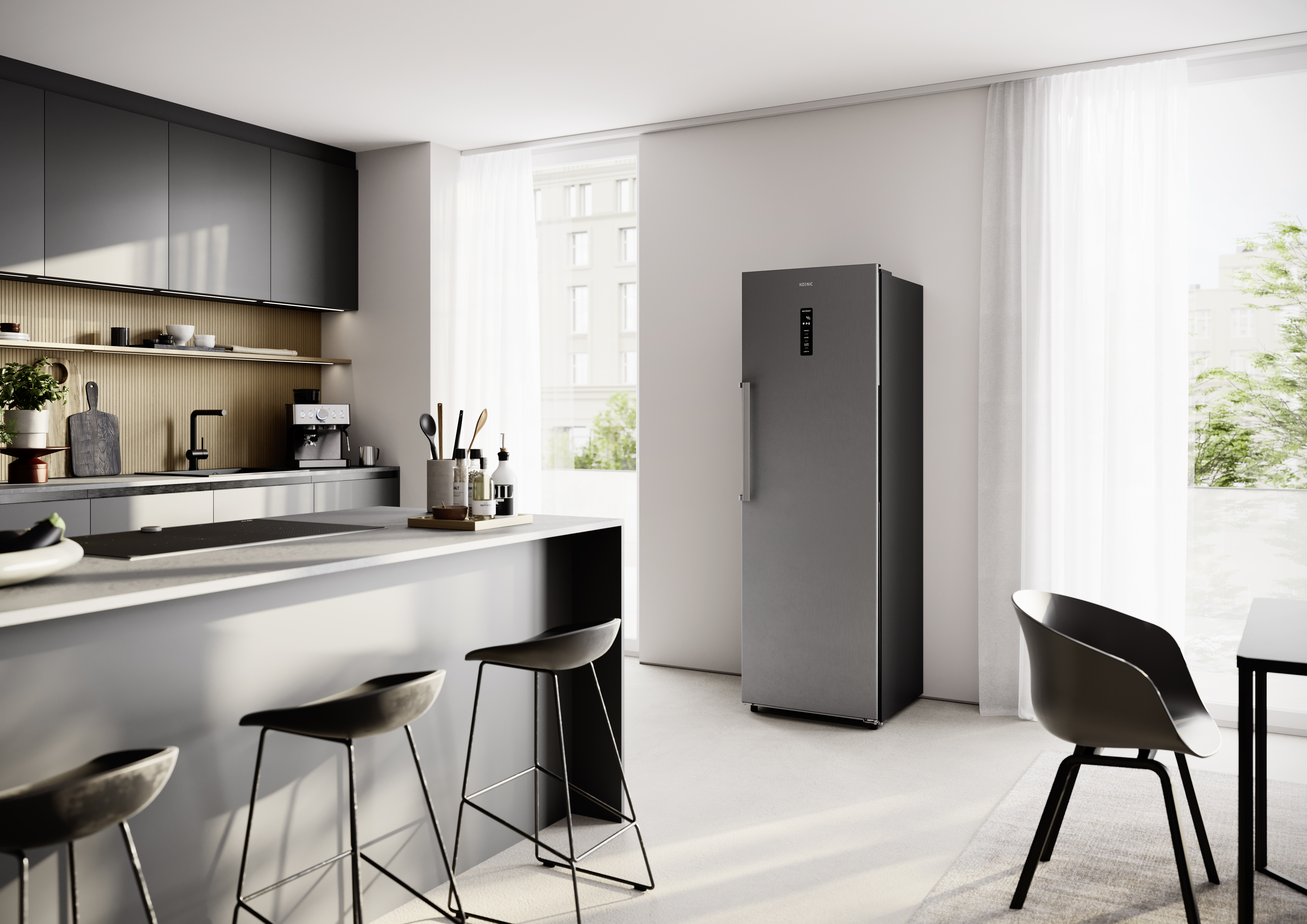 Moderne Küche mit Kücheninsel, Barhockern, Kühlschrank und Sitzbereich.