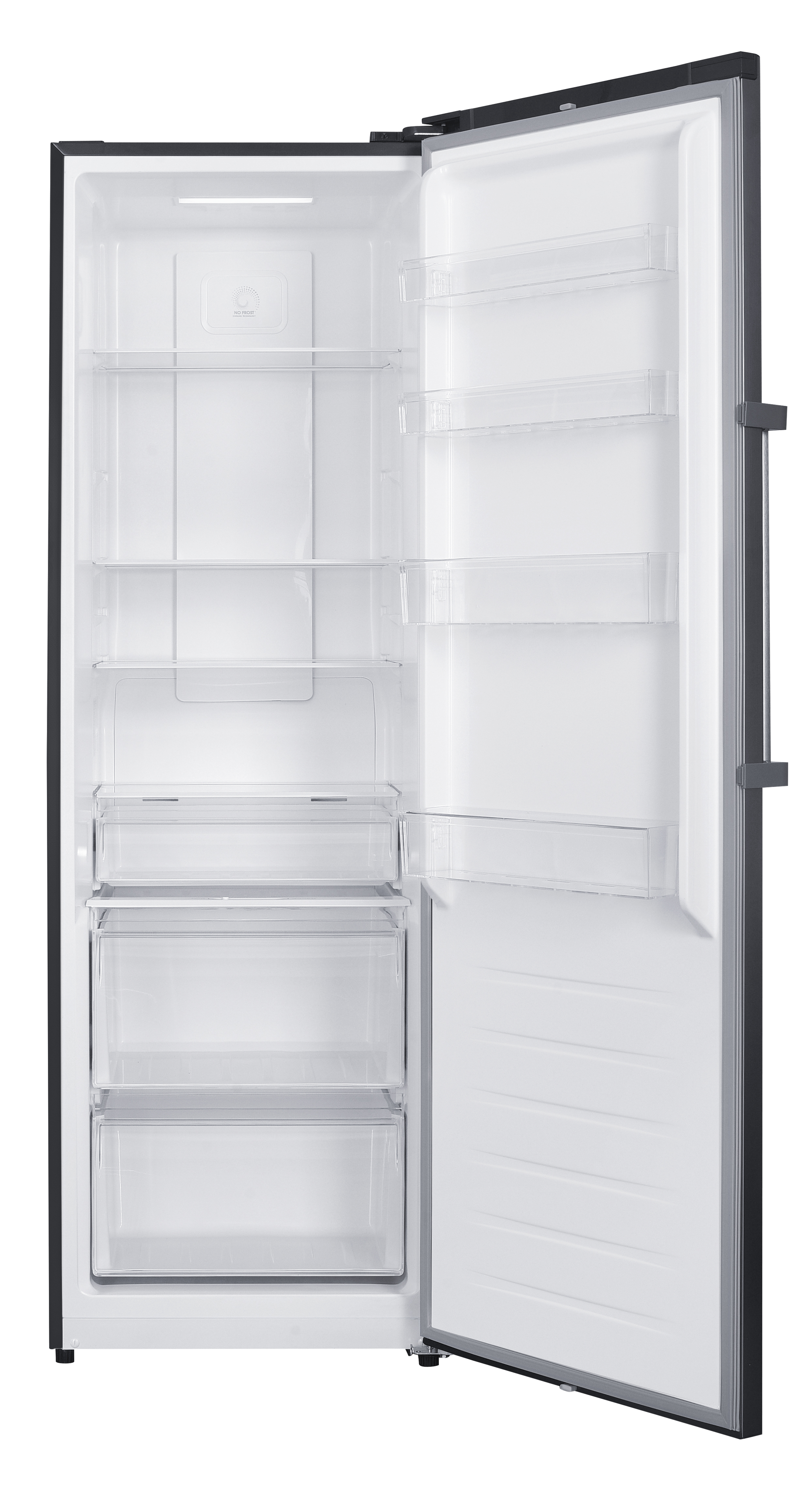 Ein leerer, offener Kühlschrank mit Glasregalen und Schubladen.