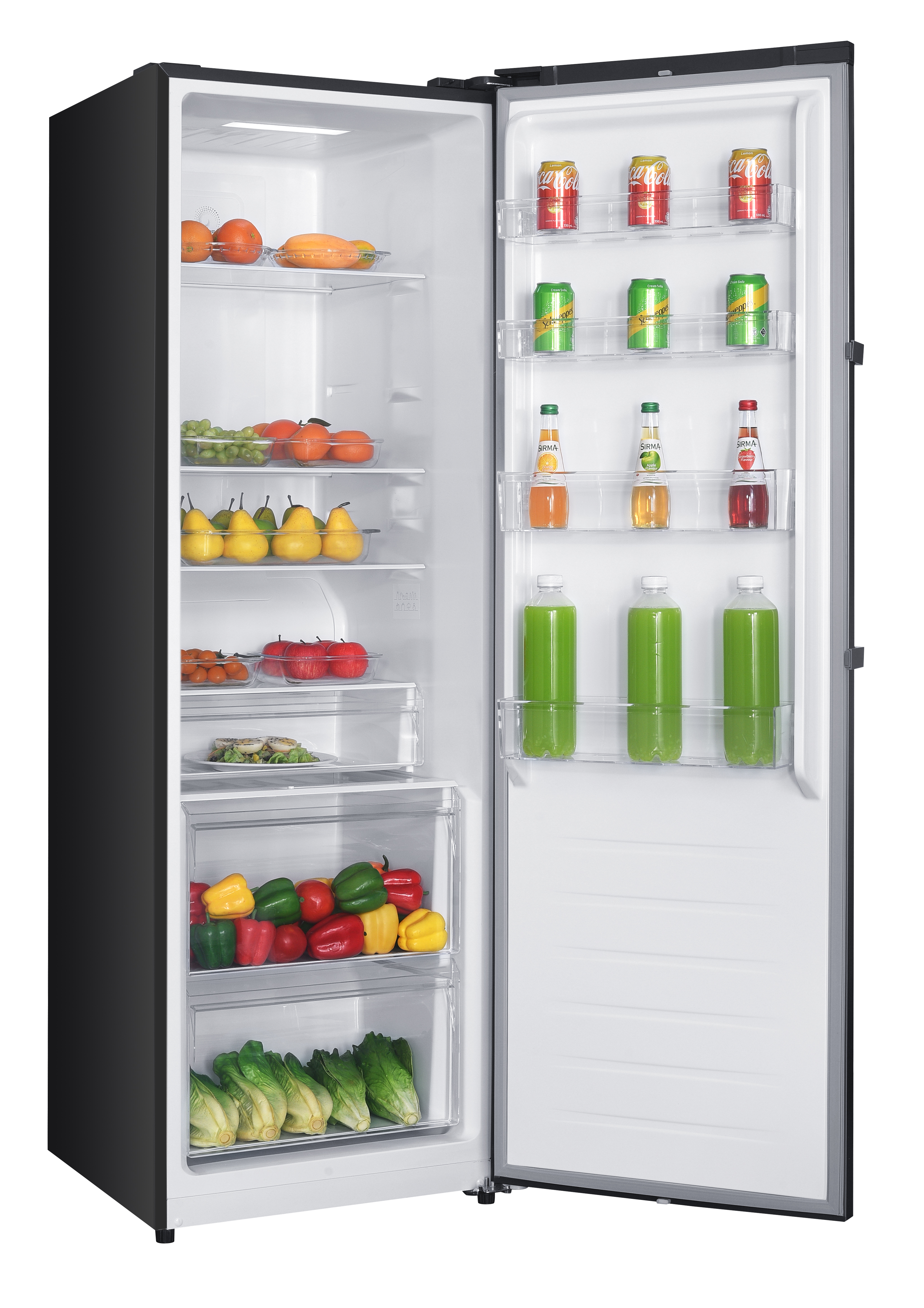 Offener schwarzer Kühlschrank mit Obst, Gemüse und Getränken.
