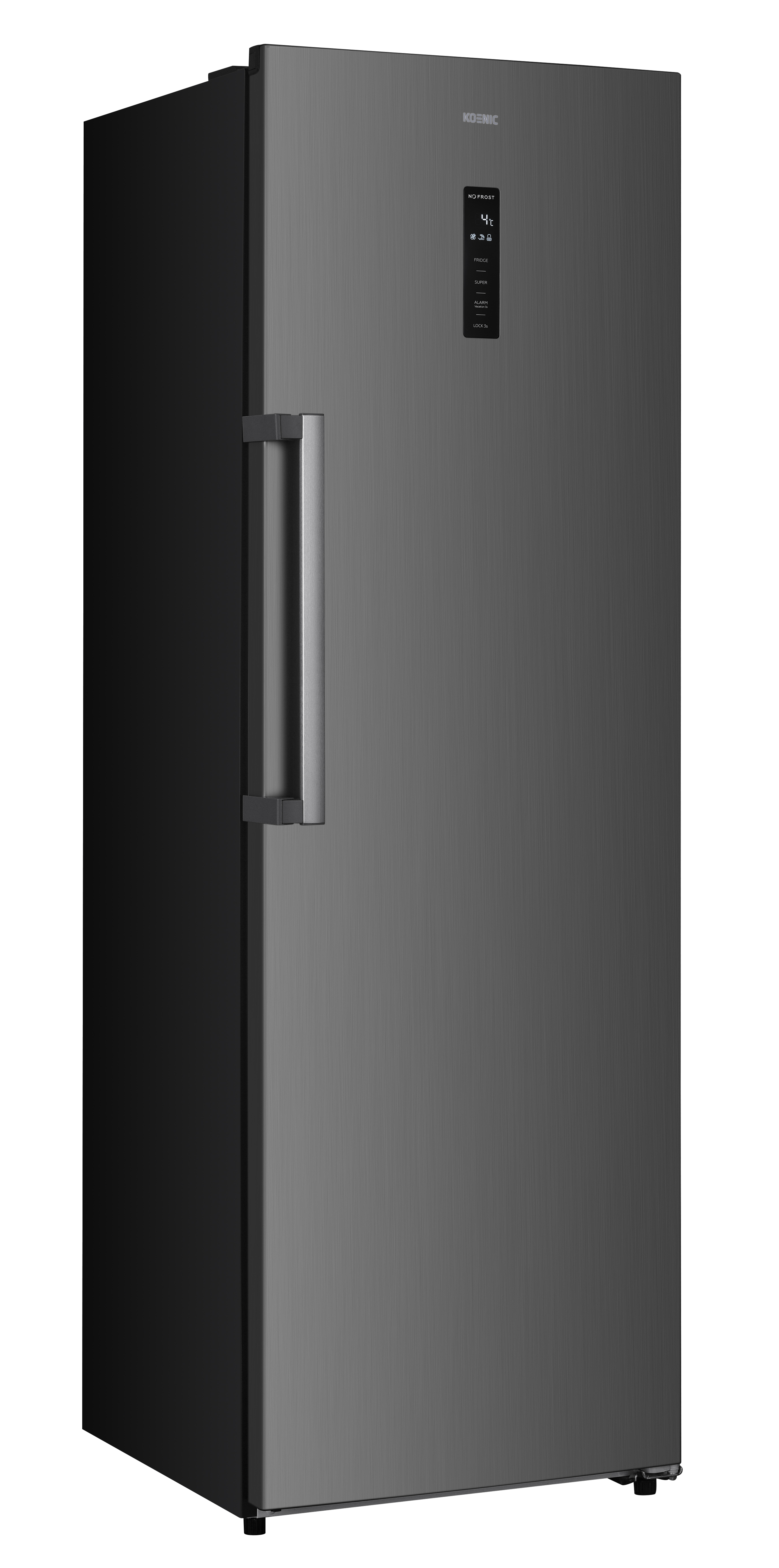 Ein dunkler Kühlschrank mit Edelstahldesign und digitalem Display.