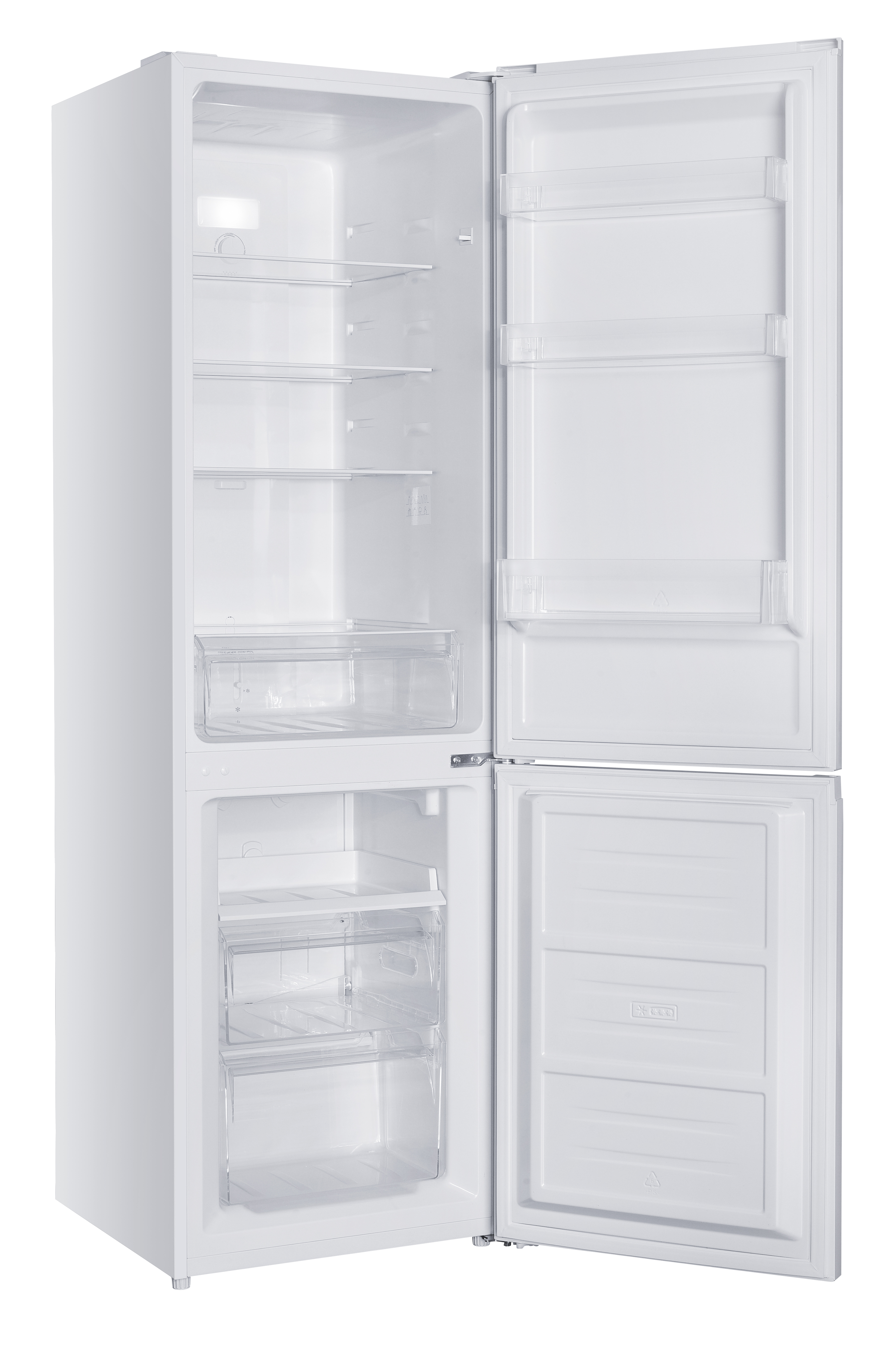 Ein leerer weißer Kühlschrank mit offenen Türen, Regalen und Schubladen.