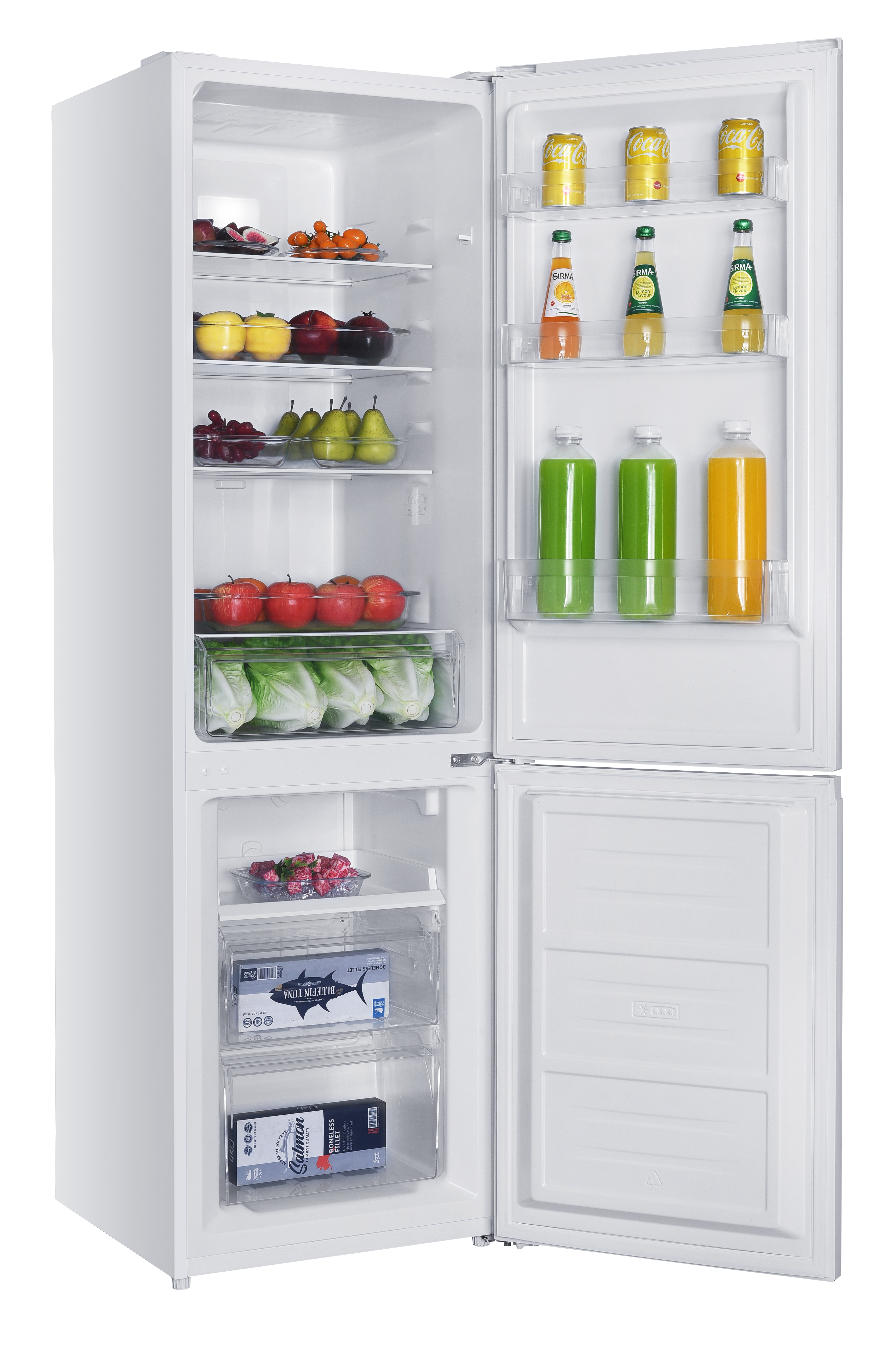 Ein offener Kühlschrank mit Obst, Gemüse, Getränken und Fisch.