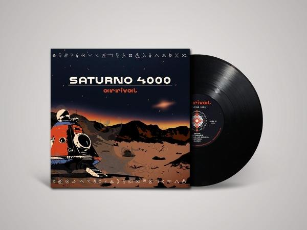 Schallplatte neben Albumcover mit Roboter in Marslandschaft.