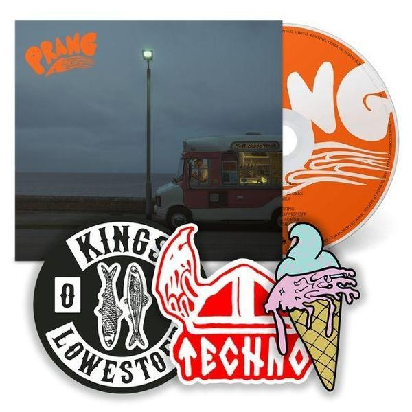 CD und Sticker mit Eiscreme, Fisch und einem Eiswagen am Meer.
