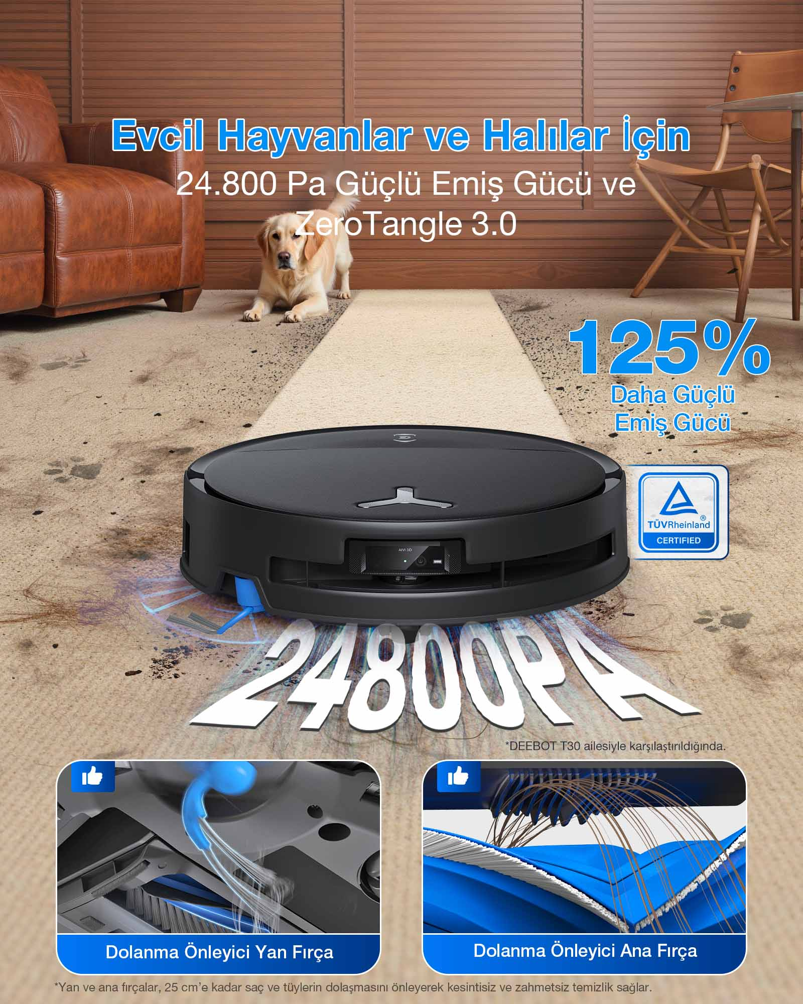 Bir robot süpürge, yakında yatan bir köpekle halı temizliyor.