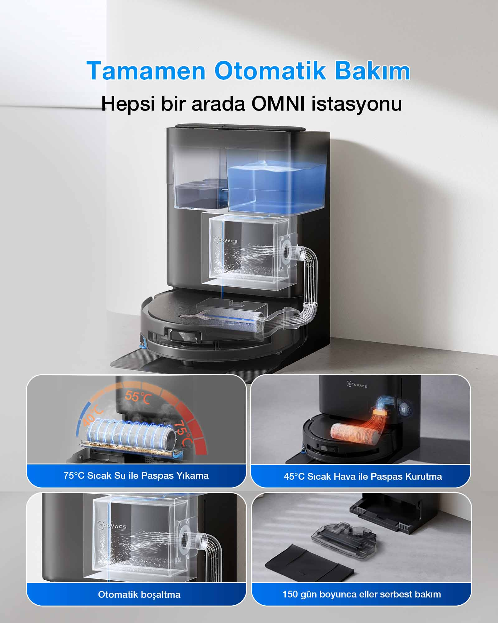 Robot süpürge istasyonu su tankları, paspas yıkama, kurutma ve boşaltma özellikli.