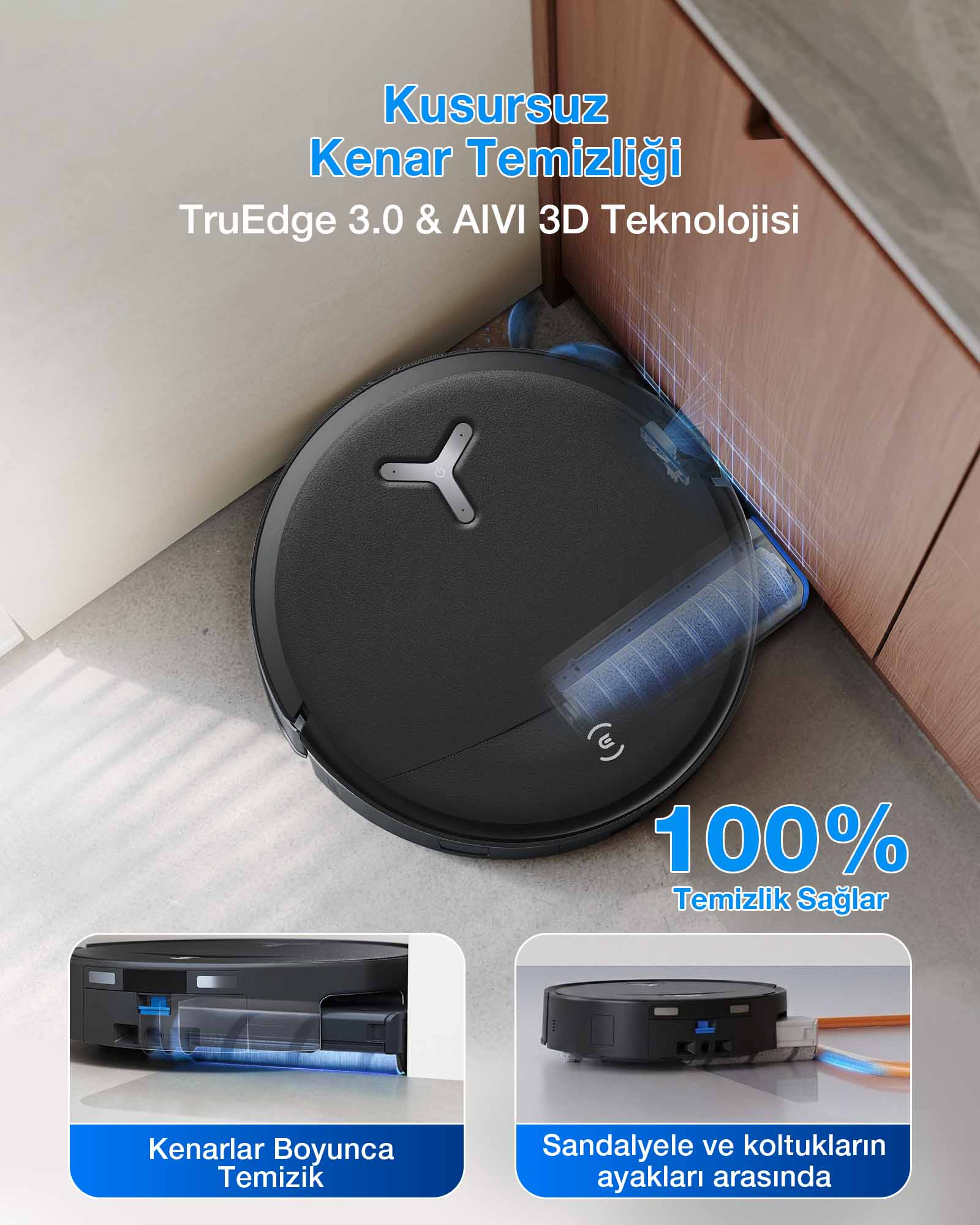 Siyah robot süpürge kenarları ve mobilya altlarını temizler. Metin: Kusursuz kenar.