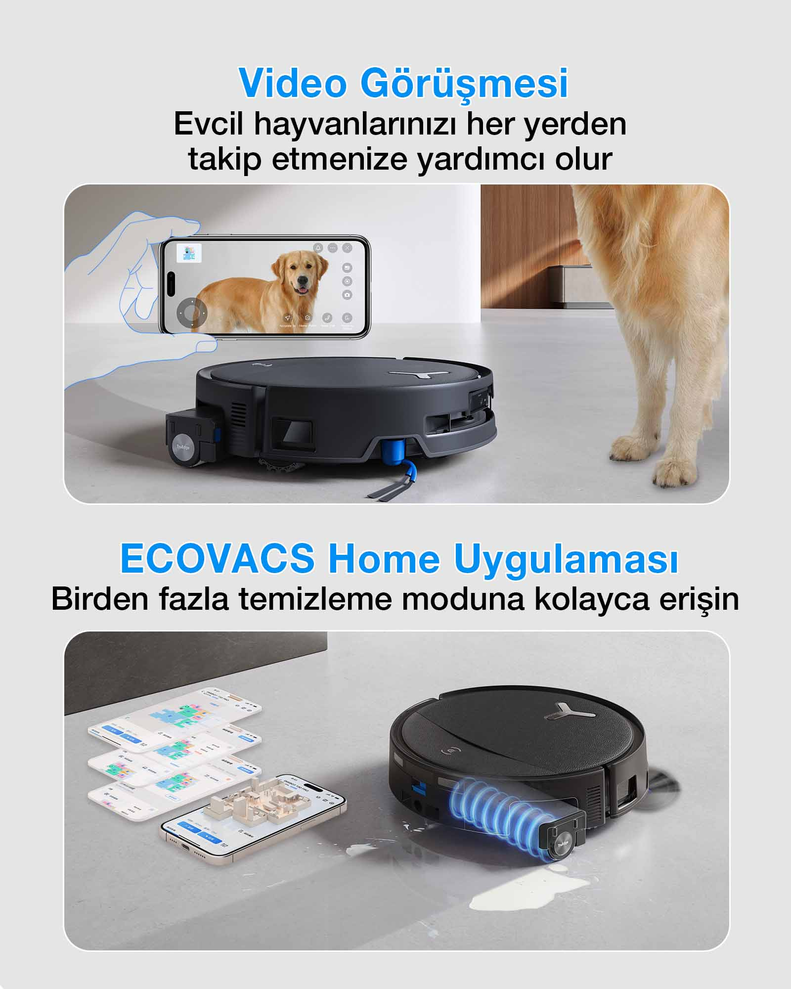 Kameralı robot süpürge ve bir köpek. Temizlik planlarını gösteren bir uygulama.