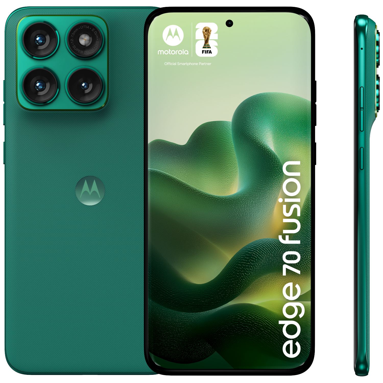 Green Motorola Edge 70 Fusion smartphone with four cameras and FIFA logo.