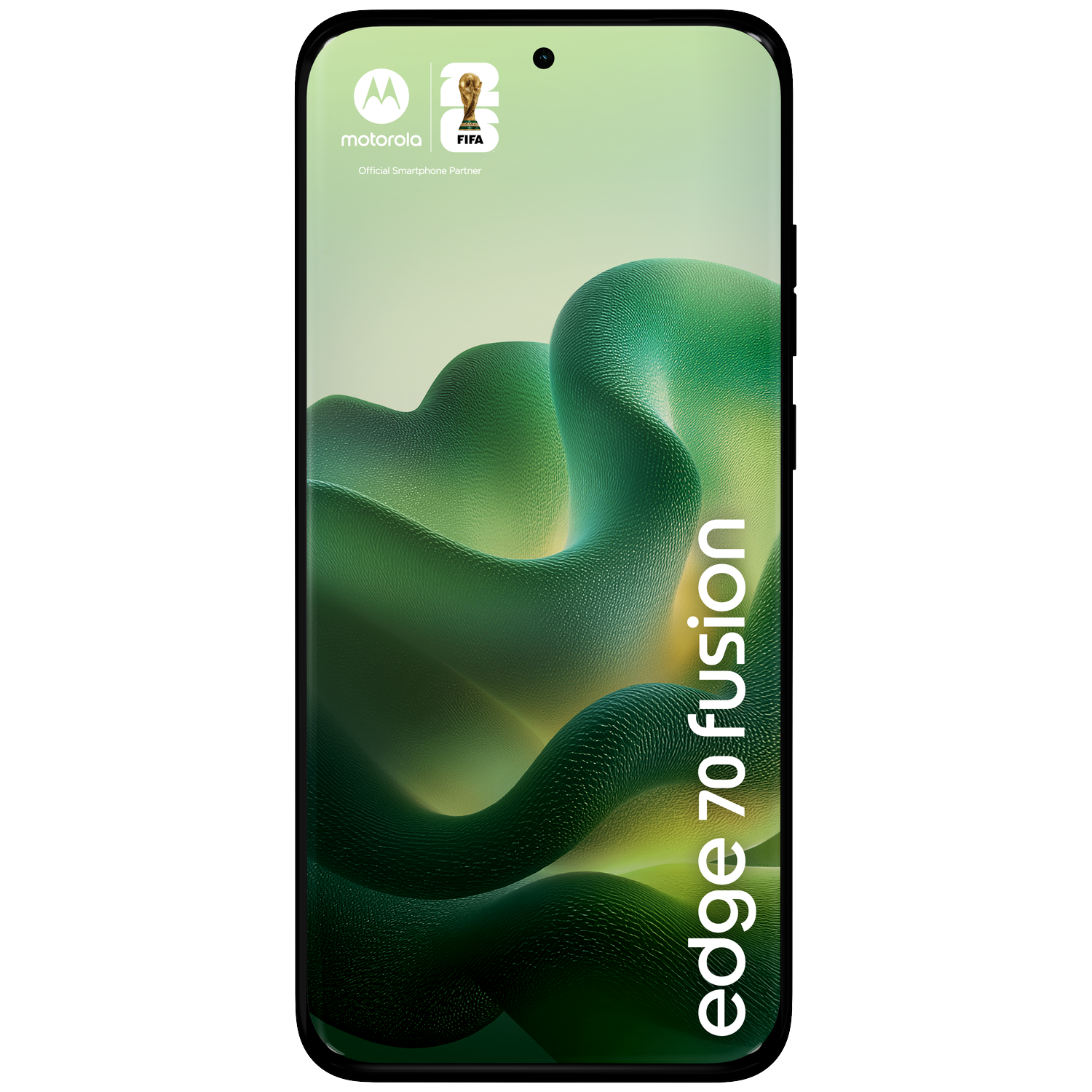 Motorola logo and FIFA trophy on a phone with green waves.