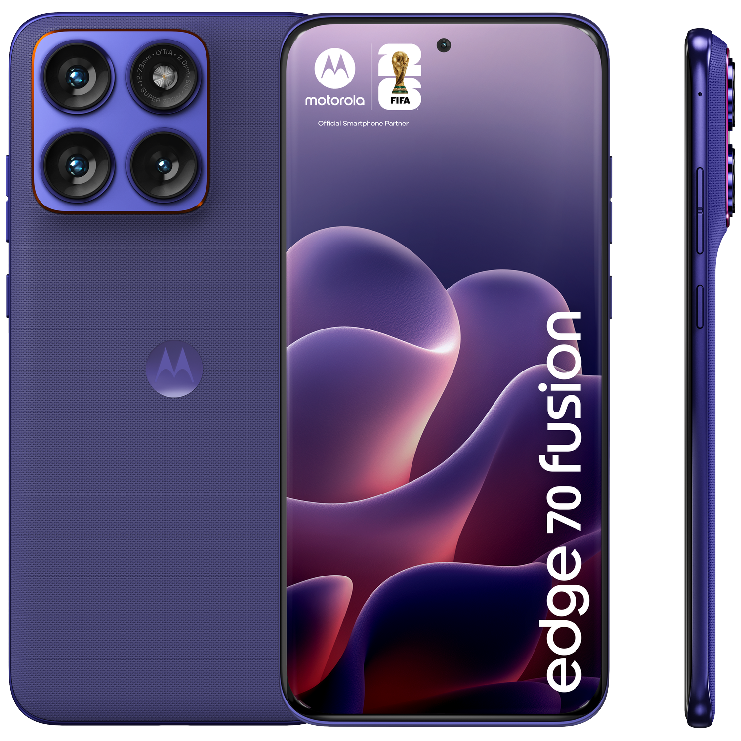 Purple Motorola Edge 70 Fusion smartphone with four cameras and FIFA logo.