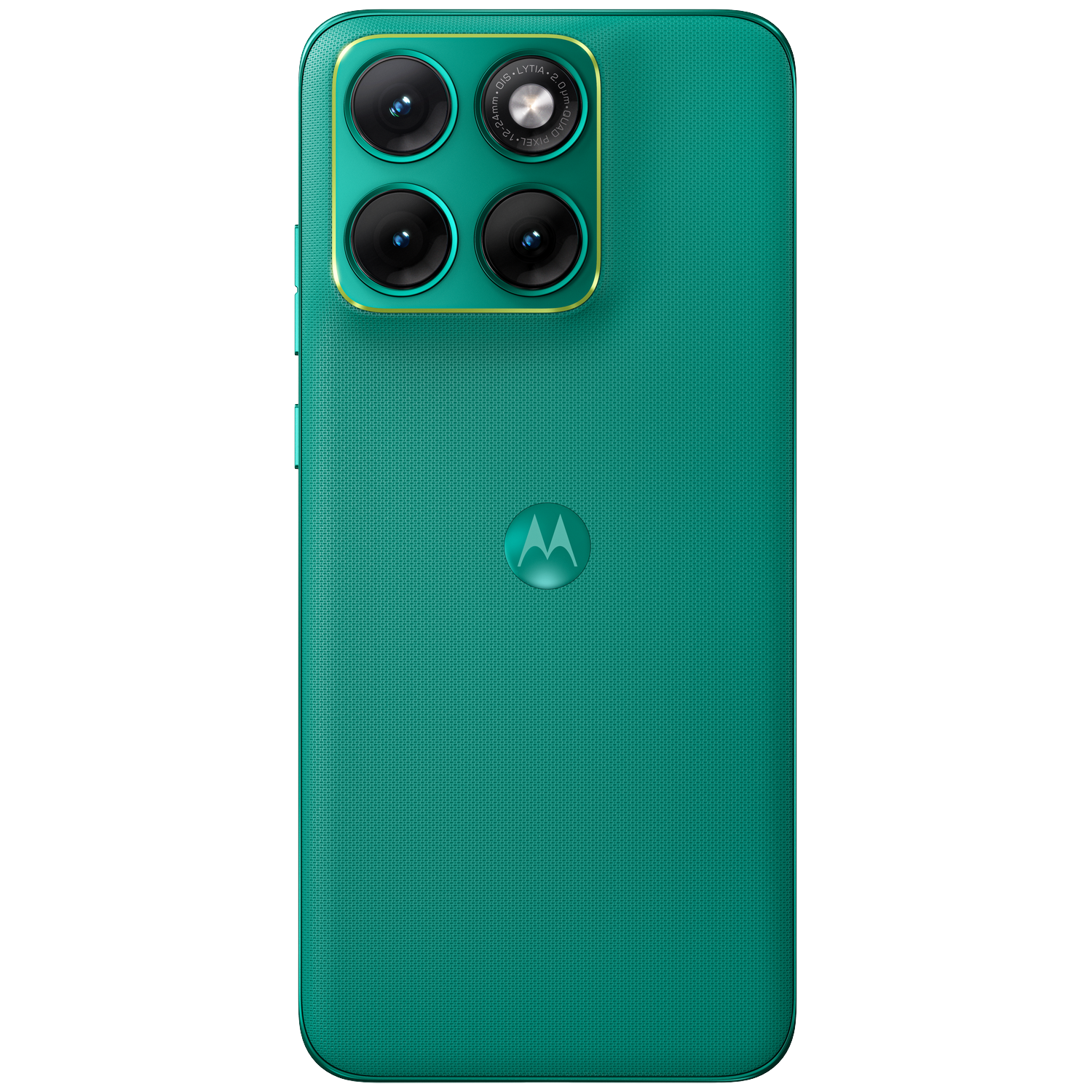 Back of a teal Motorola smartphone with four cameras and logo.