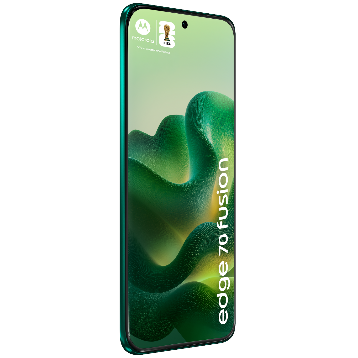 A green Motorola Edge 70 Fusion smartphone displaying the FIFA logo and wave wallpaper.