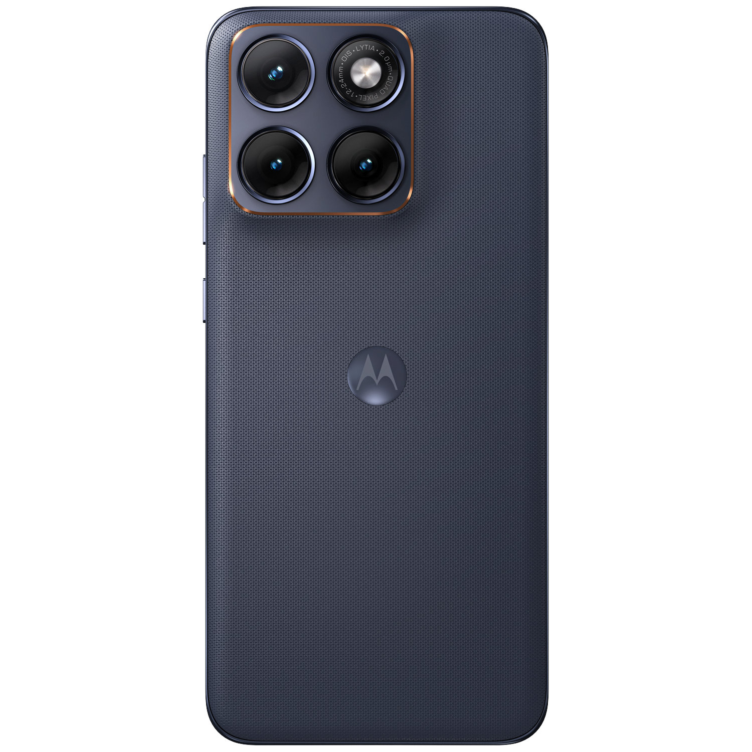 Back of a dark Motorola smartphone with four cameras and a Motorola logo.