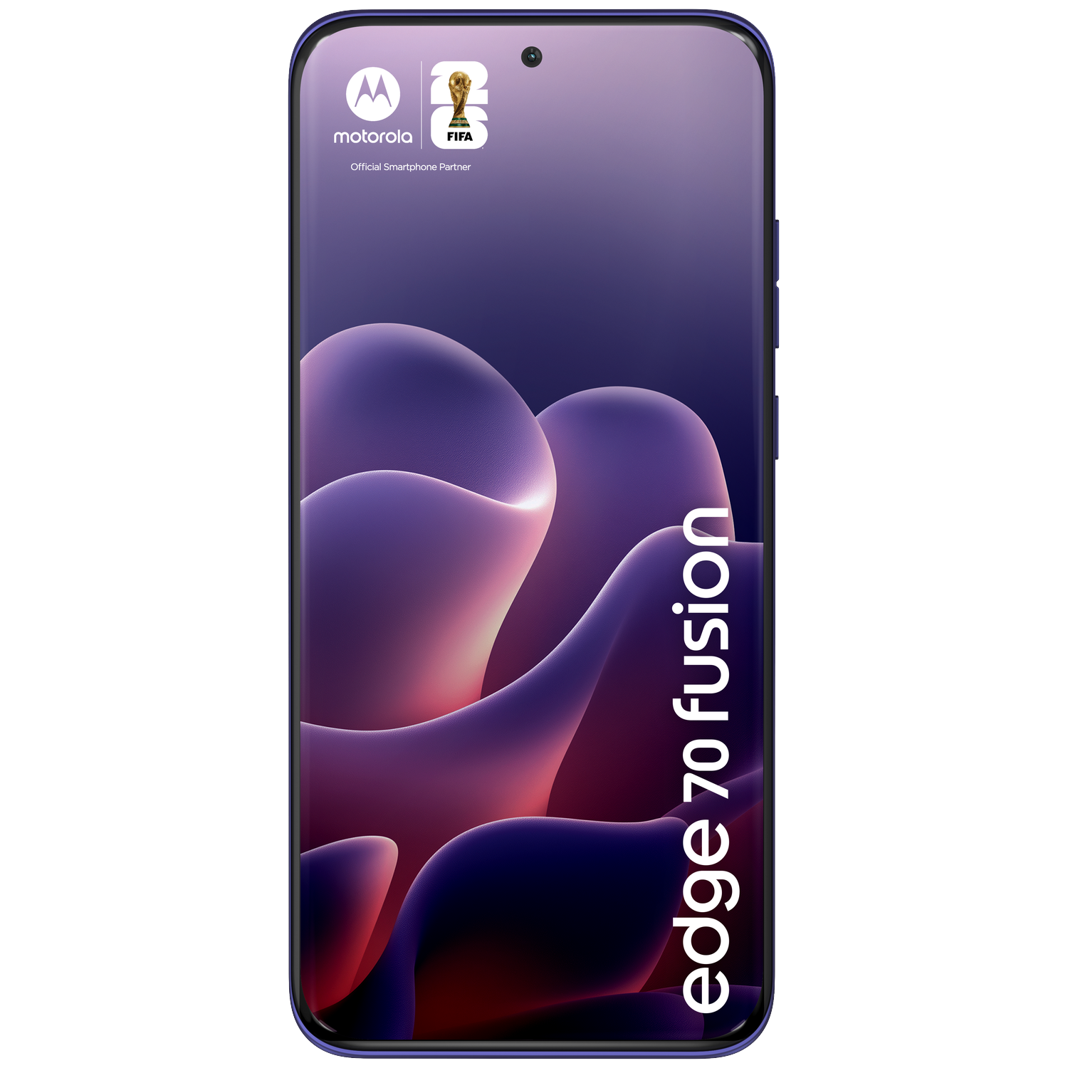 Motorola Edge 70 Fusion smartphone with FIFA logo and purple background.
