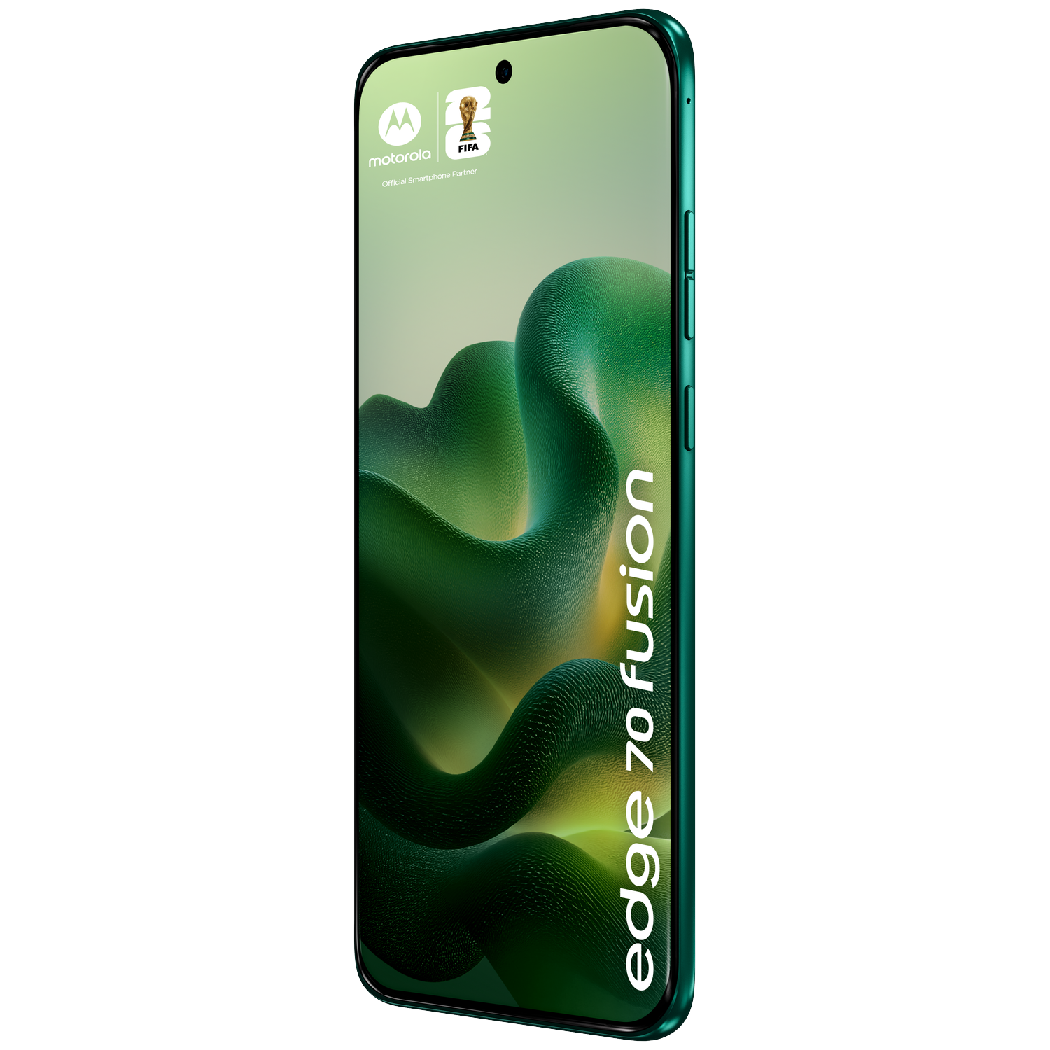 Green Motorola Edge 70 Fusion phone with FIFA logo and wavy green background.
