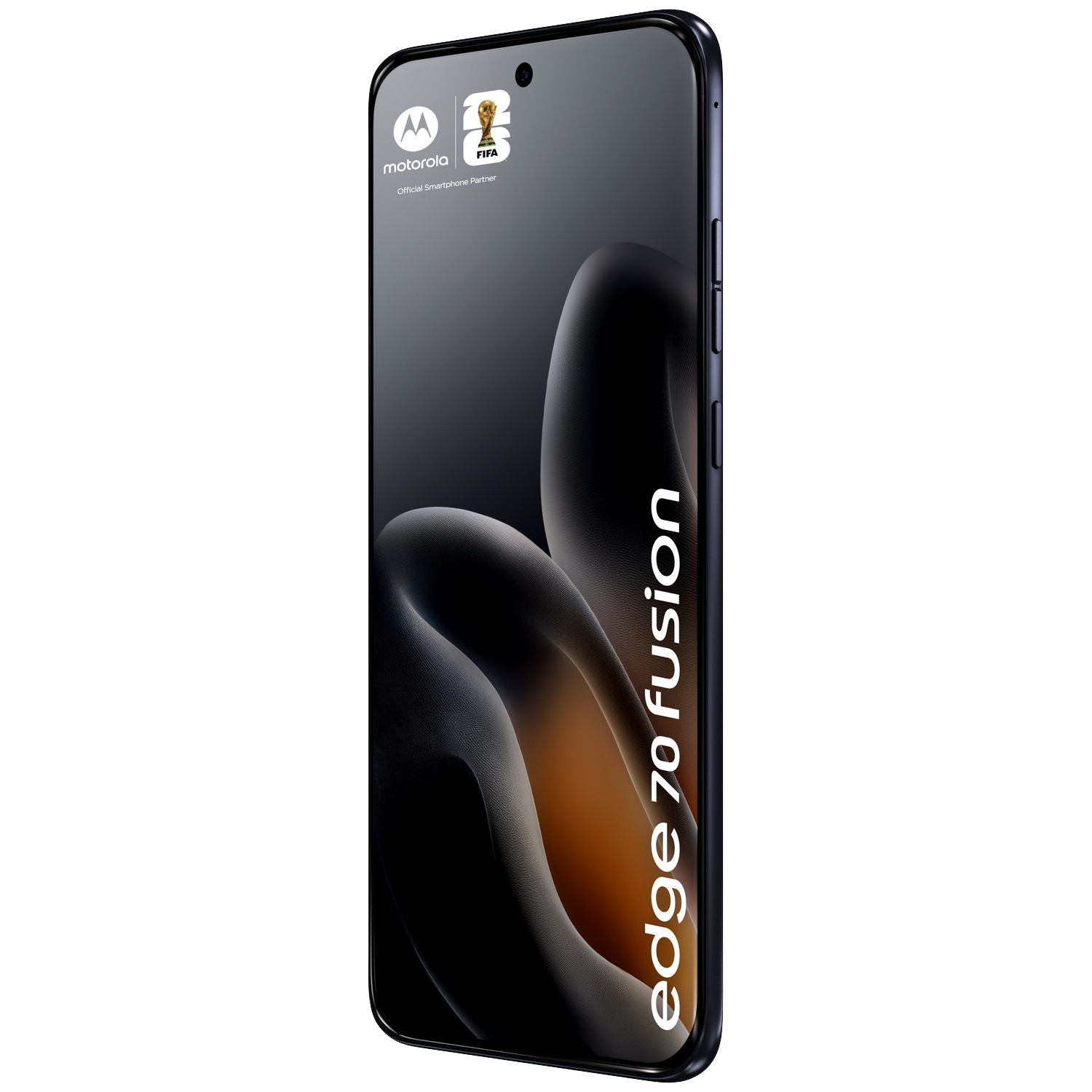A dark Motorola smartphone with FIFA logo and edge 70 fusion text.