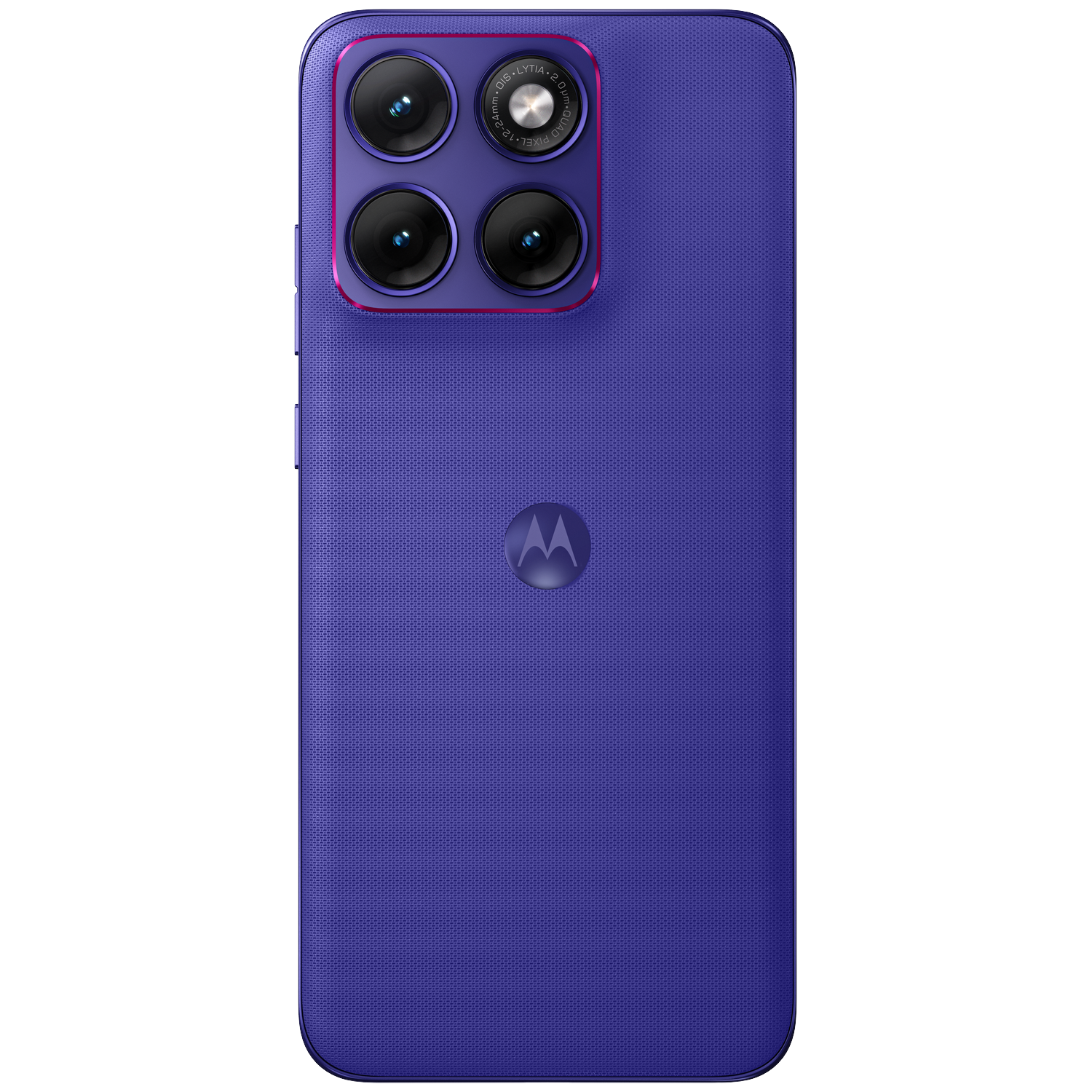Purple smartphone back with four cameras and Motorola logo.
