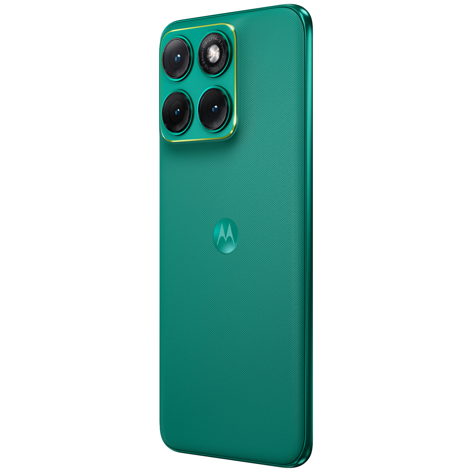 Back of a teal Motorola smartphone with four cameras and logo.