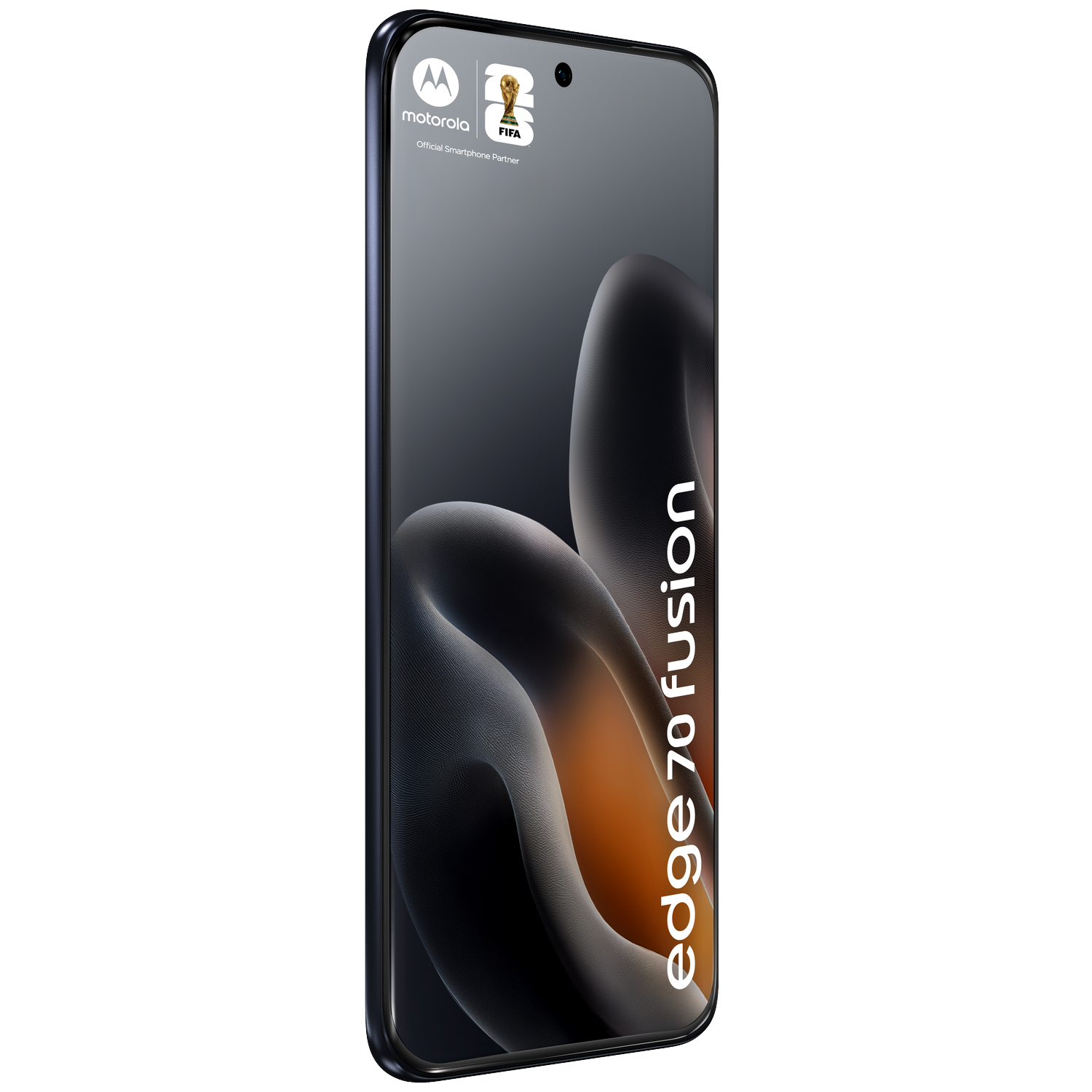 Motorola edge 70 fusion phone with FIFA logo on black background.