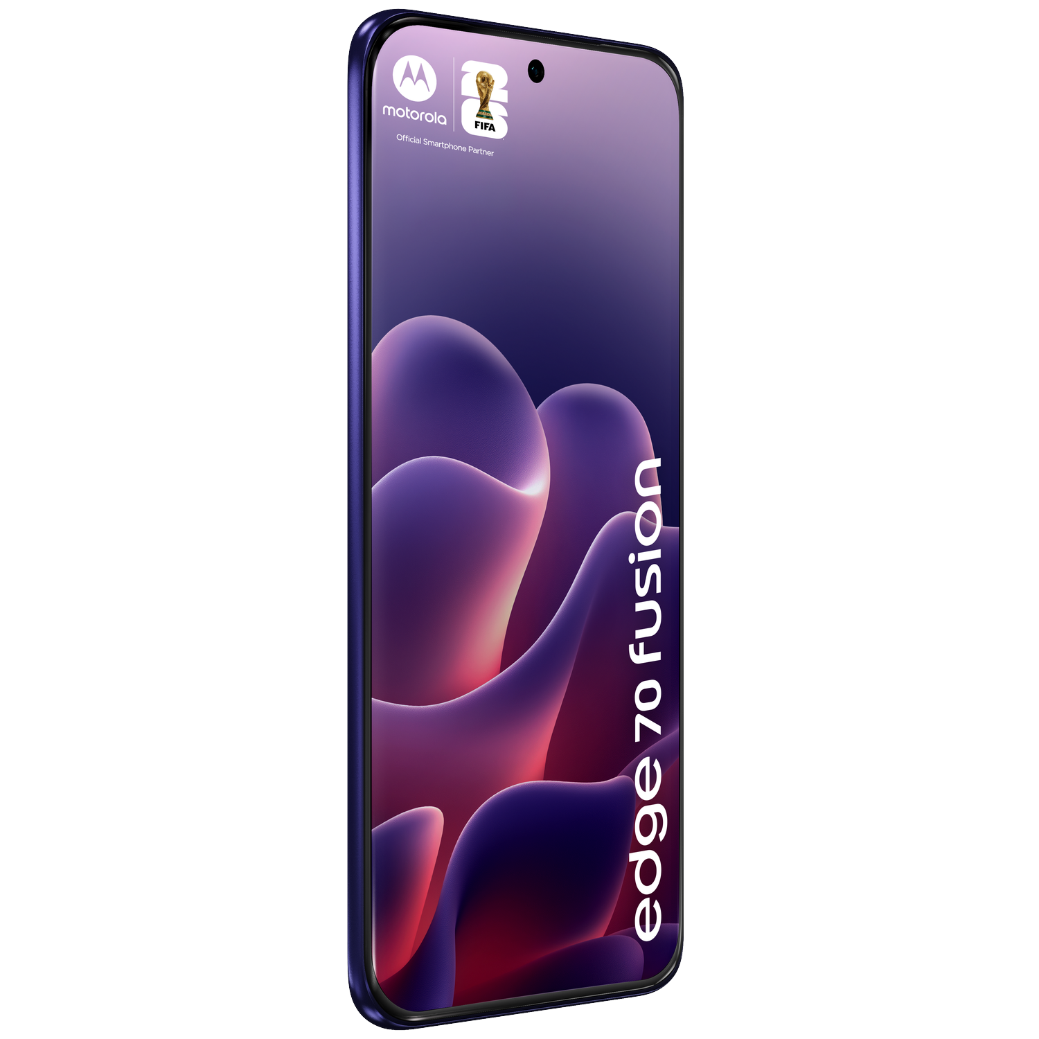 A blue Motorola Edge 70 Fusion phone with FIFA logo. Purple abstract background.