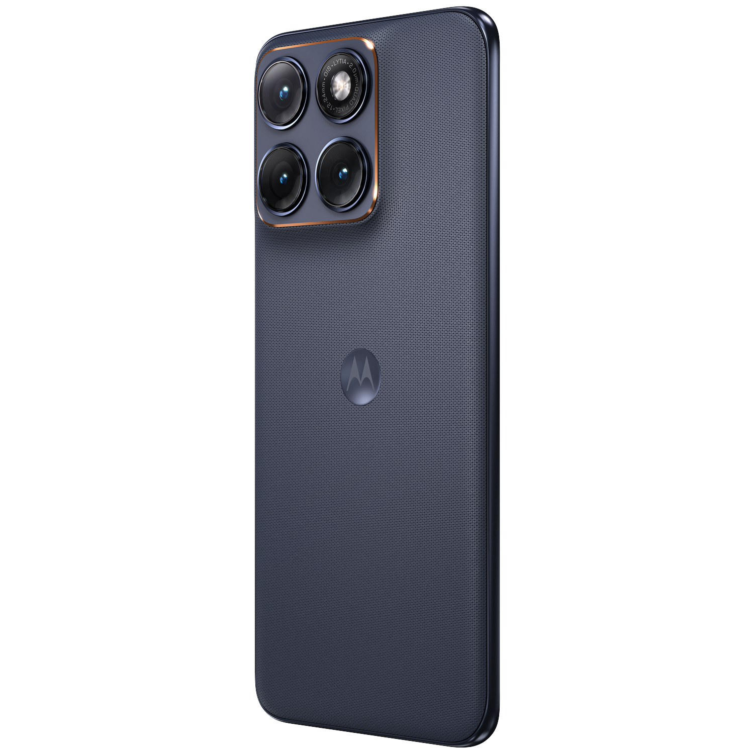 Dark blue smartphone with four cameras and Motorola logo.