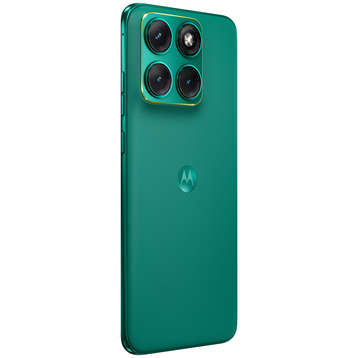 Green smartphone with four cameras and a gold rim.
