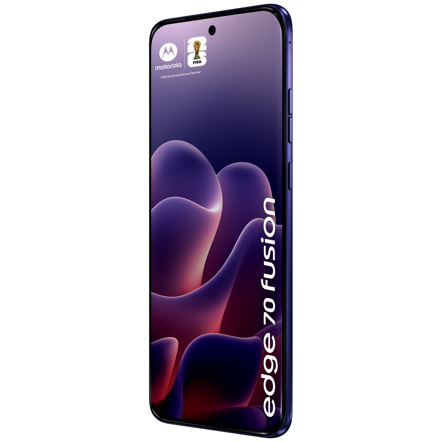 A purple Motorola smartphone displaying the FIFA logo and "edge 70 fusion" text.