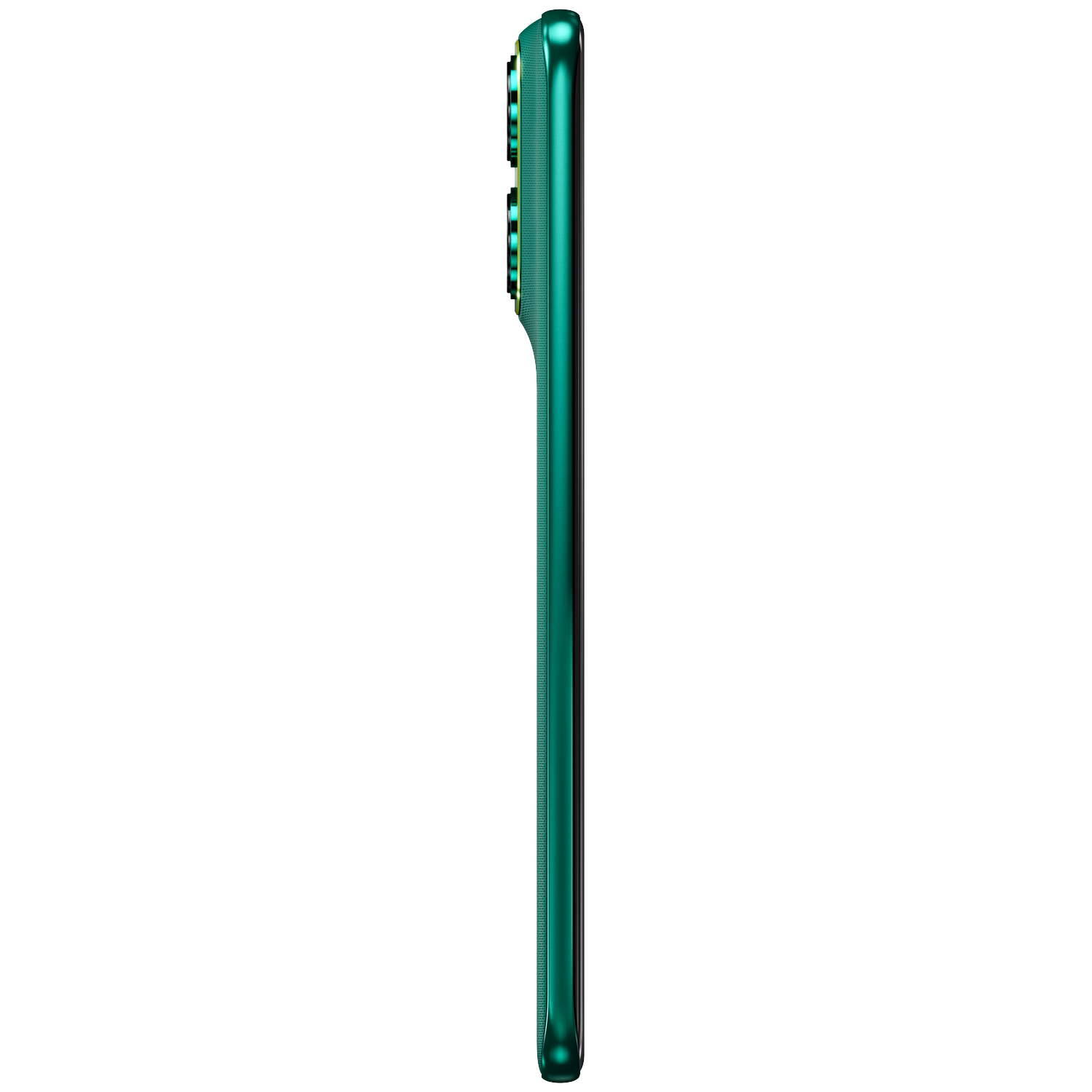 A green smartphone viewed from the side, showing camera lenses.