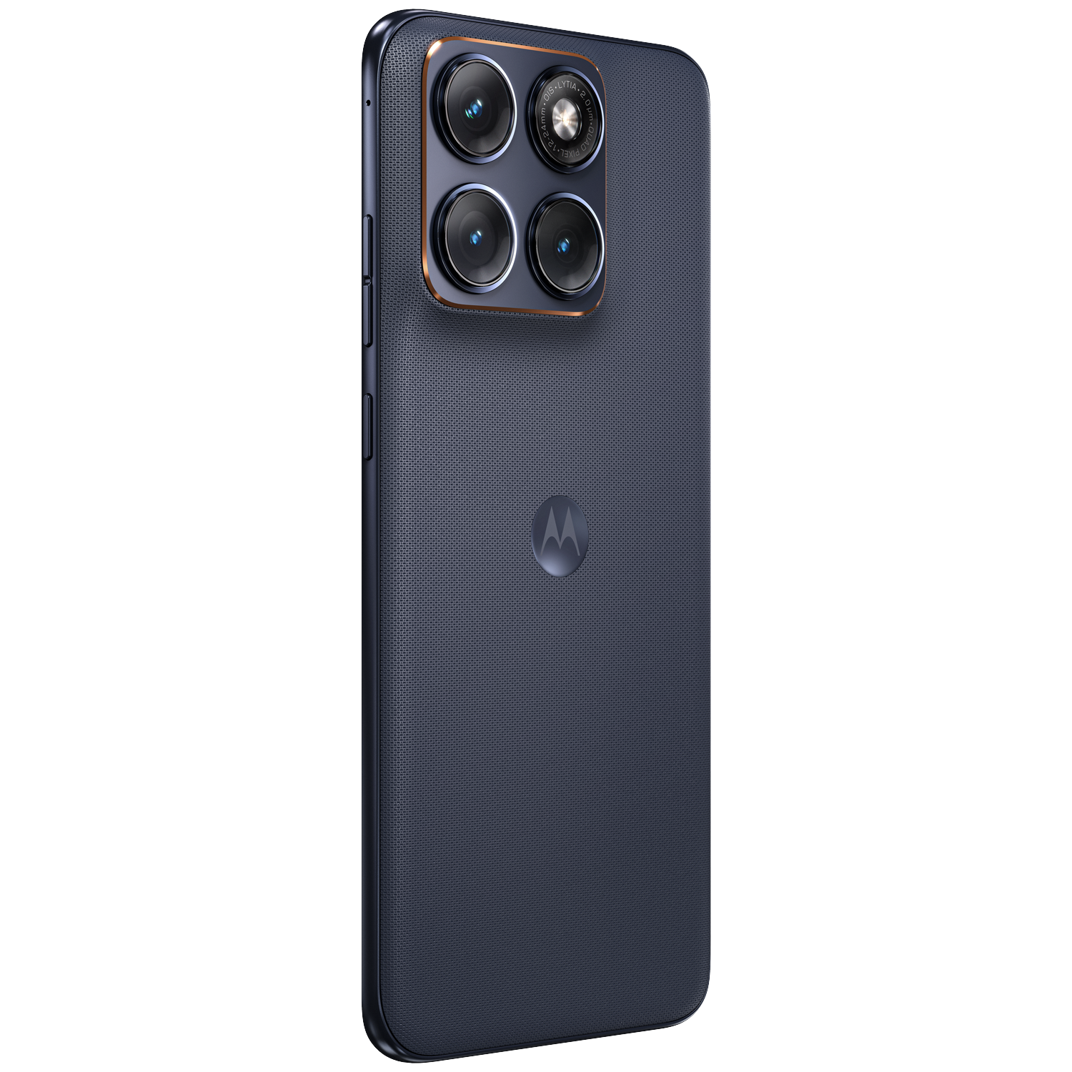 Back of a dark blue Motorola smartphone with four cameras and a logo.