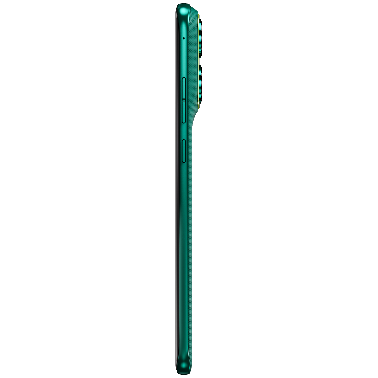 Green smartphone in profile with camera module and side buttons.