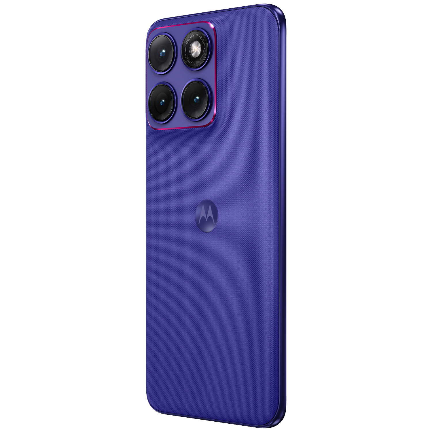 Purple smartphone back with four cameras and Motorola logo.
