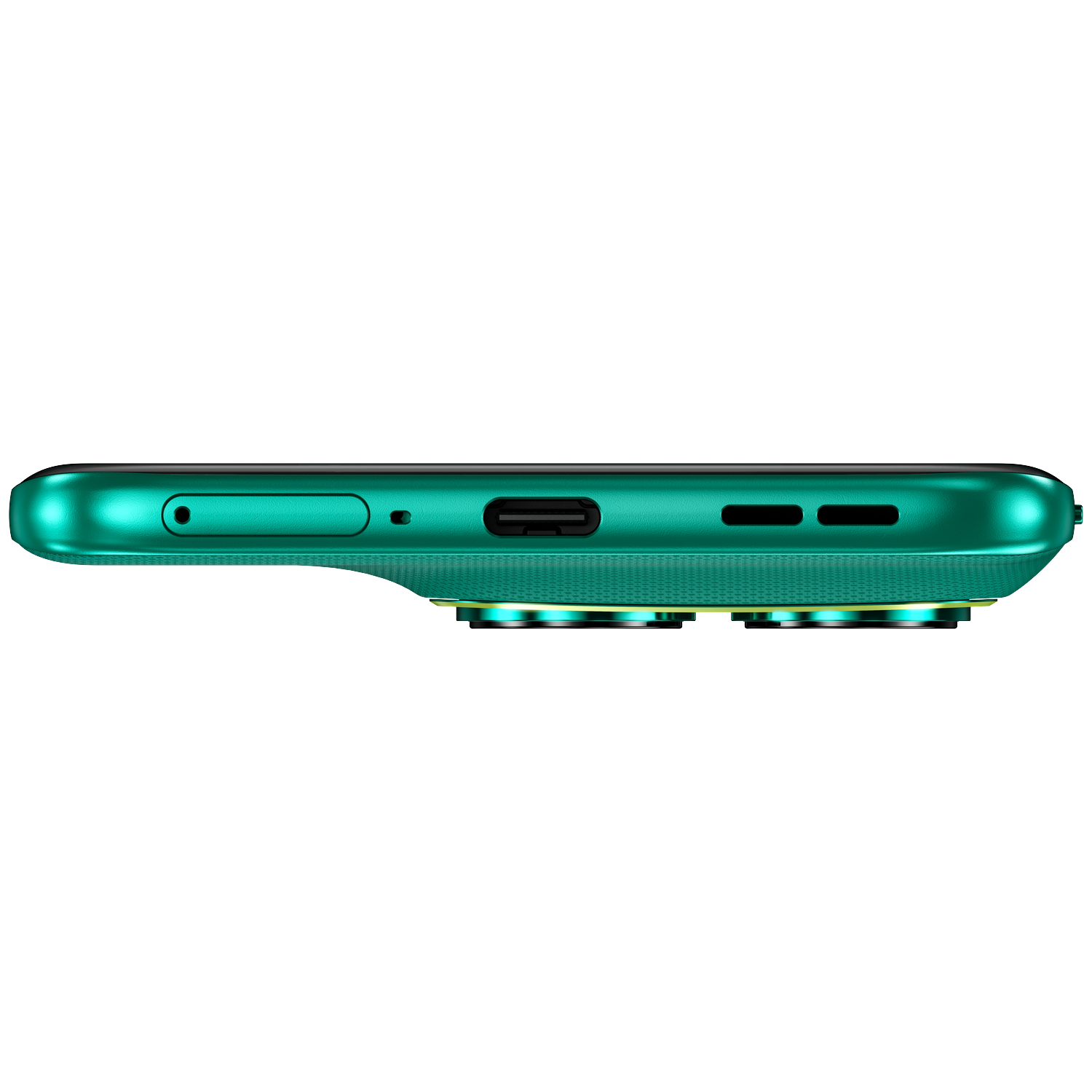 Green smartphone profile with charging port, speakers, and camera lenses.
