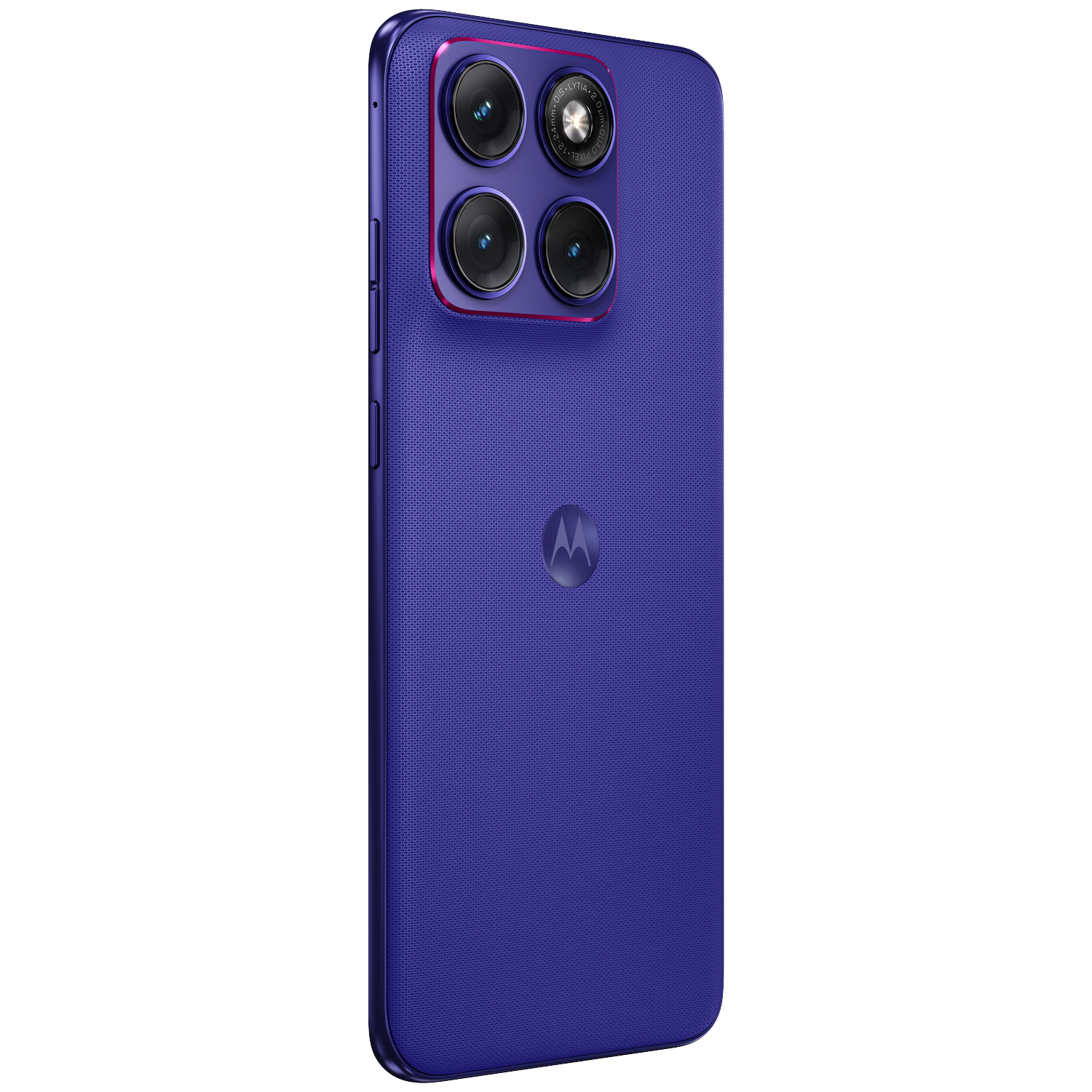 Purple Motorola phone with four cameras and an M logo on a black background.