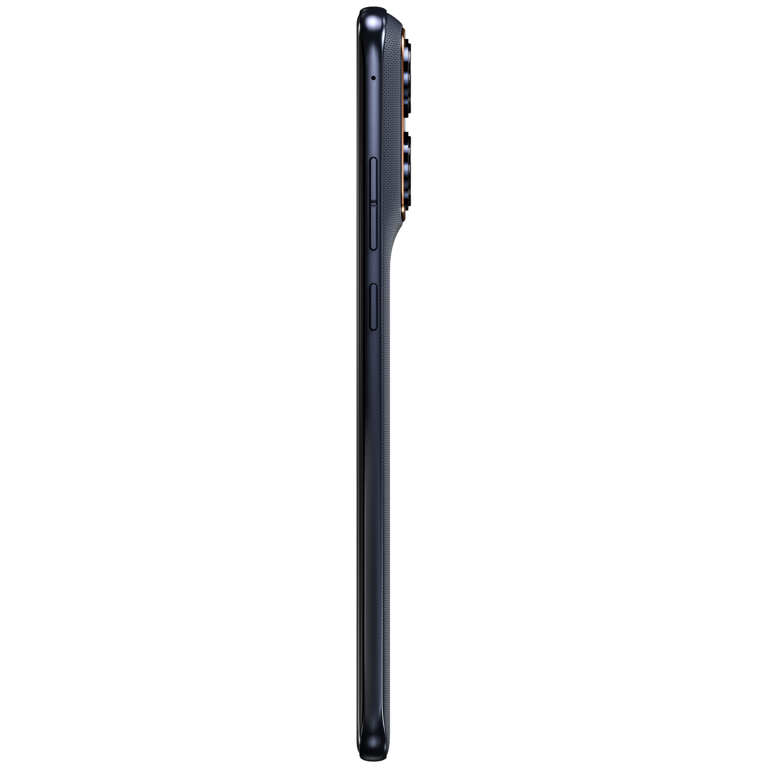 Dark blue smartphone shown in profile with camera module on the top right.