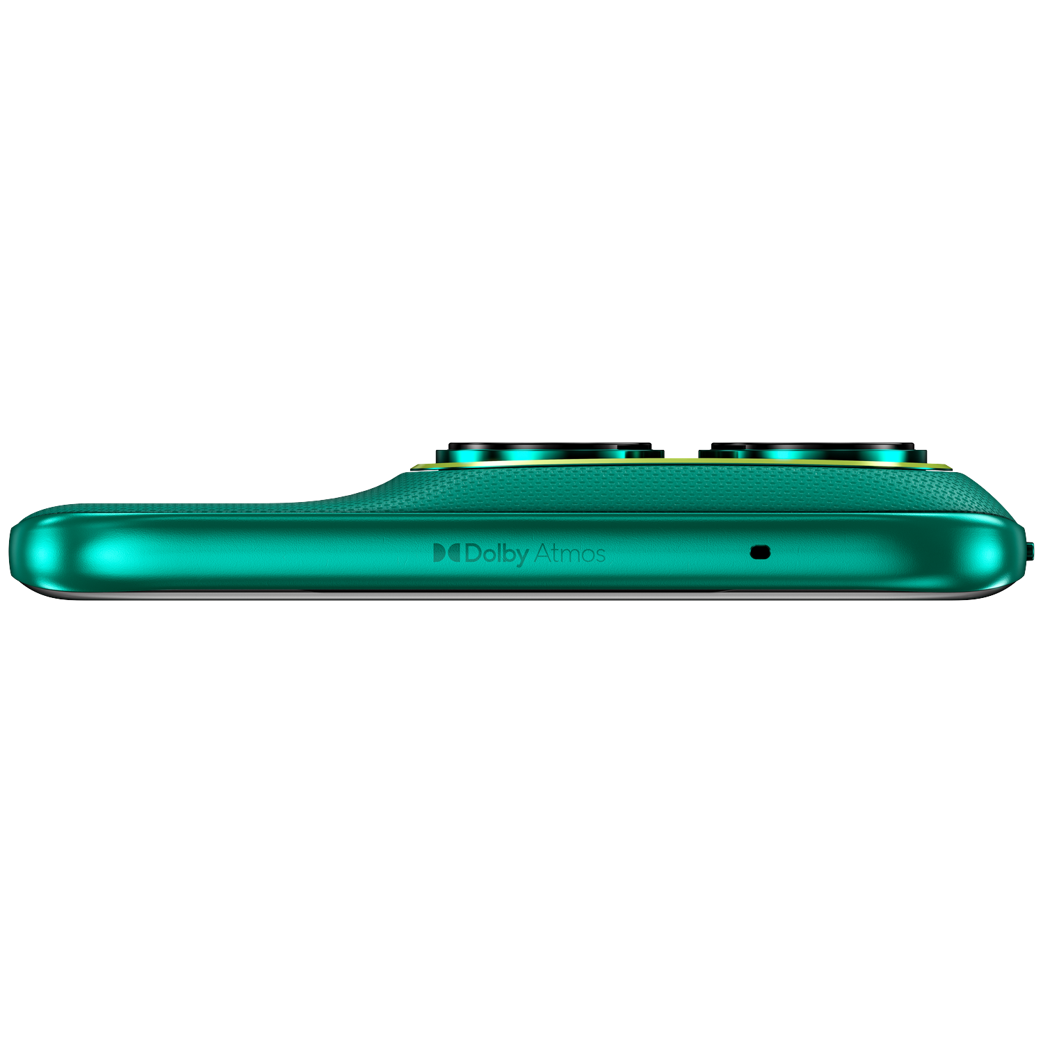Green smartphone with Dolby Atmos logo and two camera lenses.