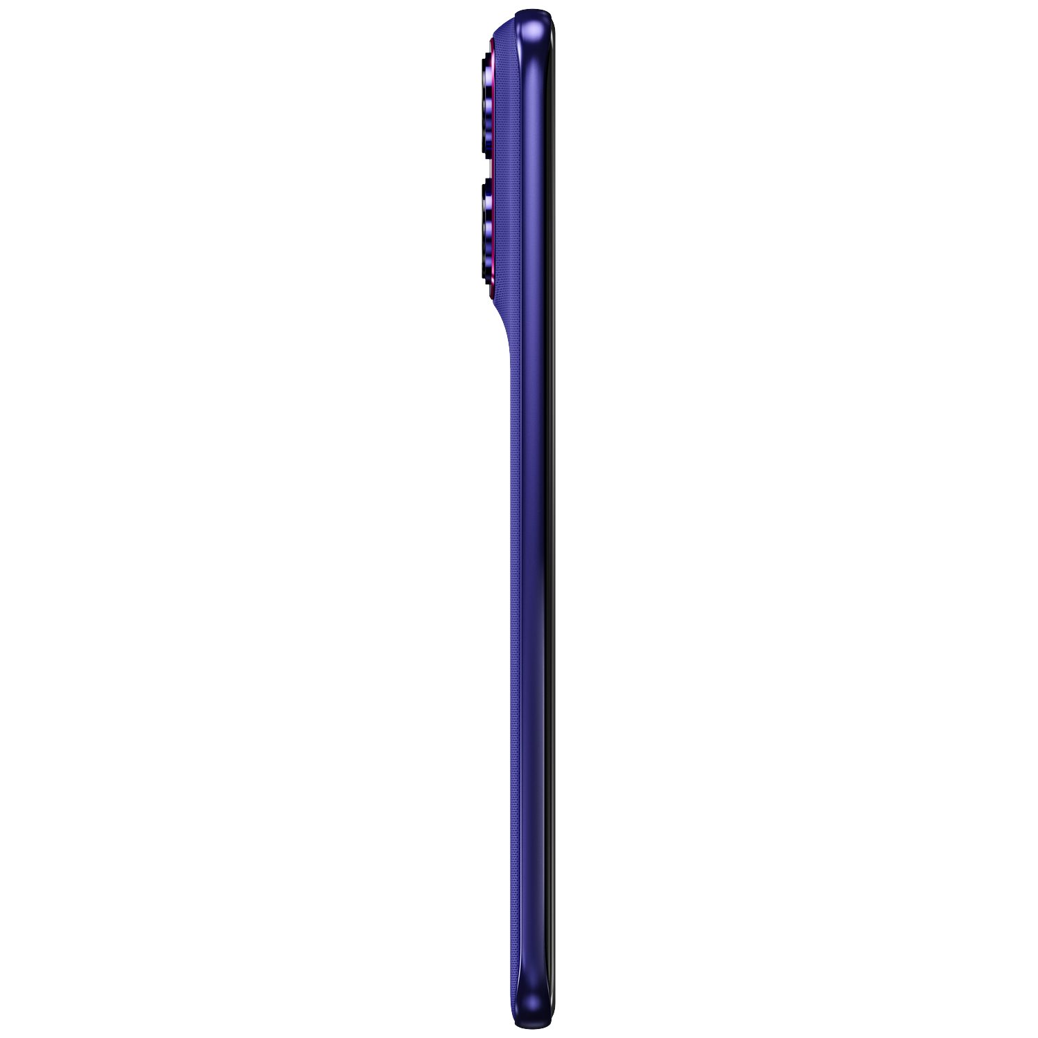 Purple smartphone, side view showing camera lenses and textured edge.