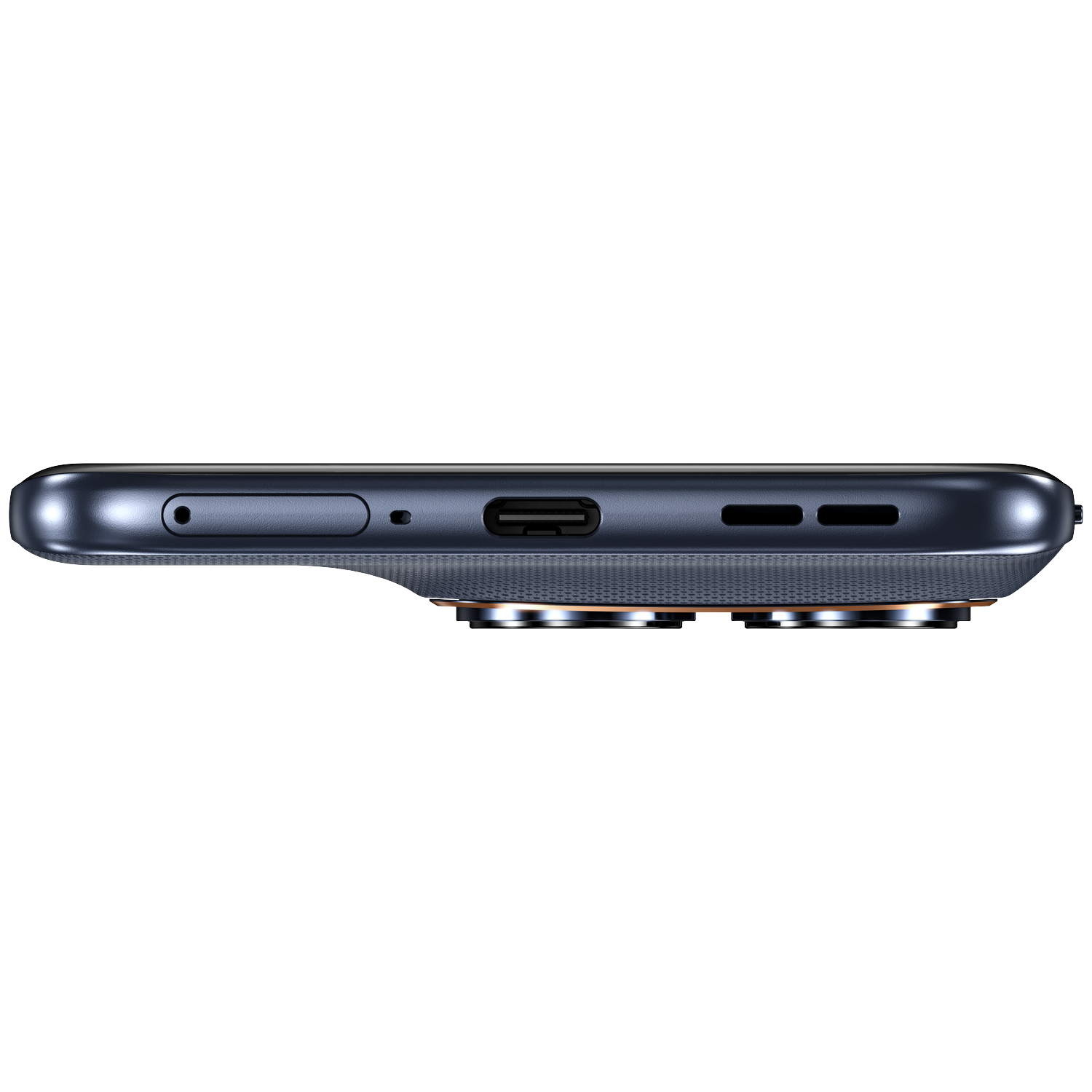 Dark blue smartphone with USB-C port, speaker grilles, and camera lenses.
