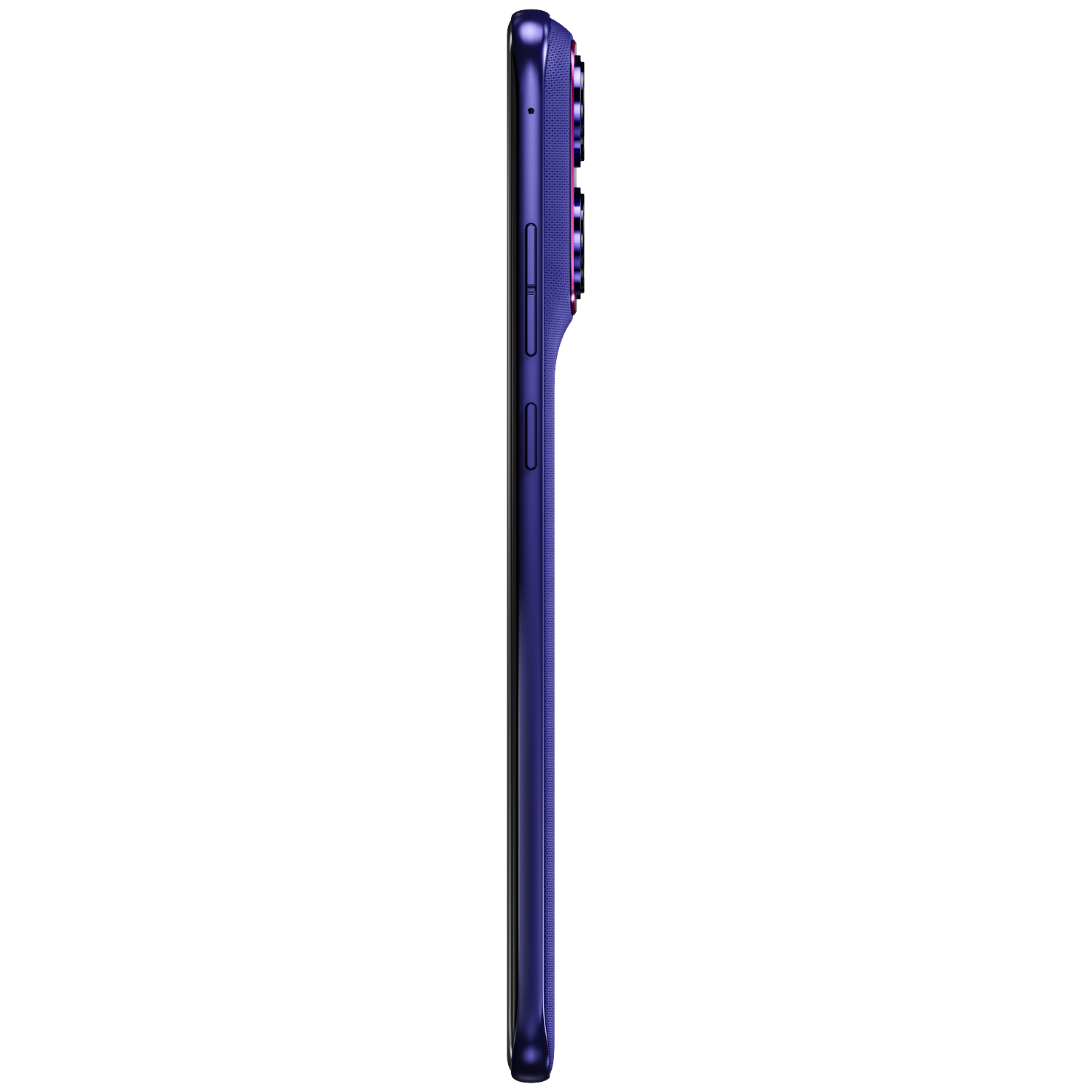 Purple smartphone with camera lenses and side buttons, viewed from the side.