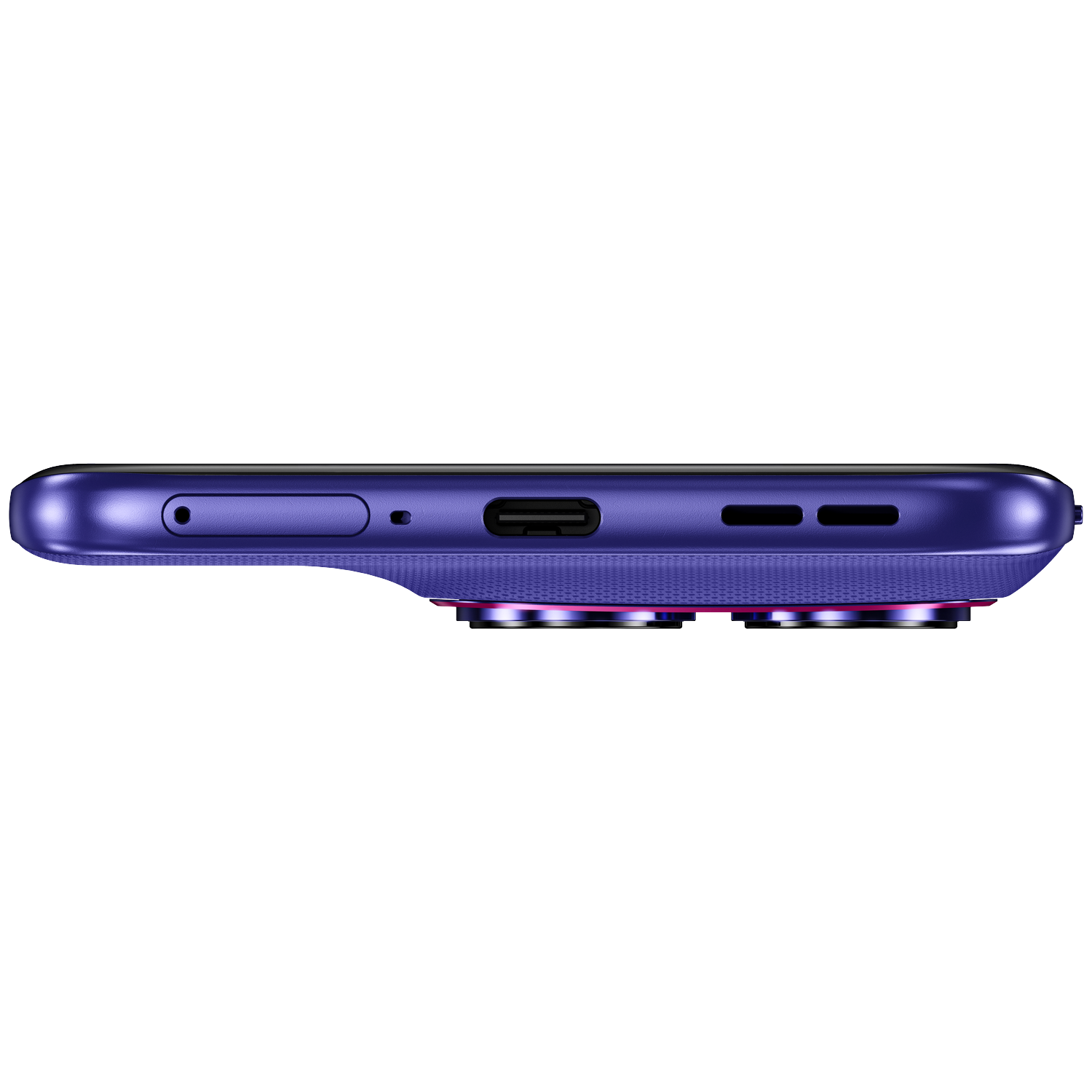 Purple smartphone side view showing USB-C port and dual camera lenses.