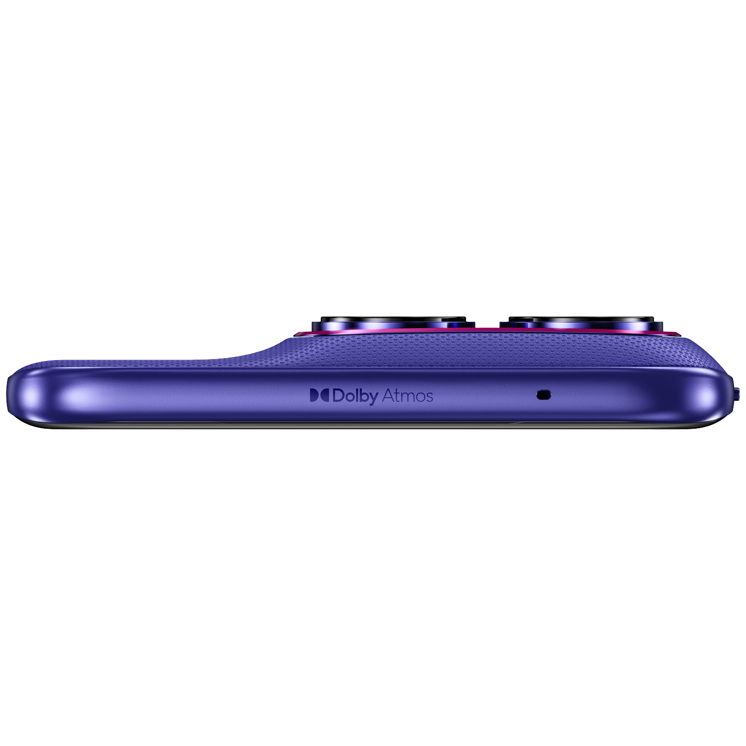 Purple smartphone side with two cameras and Dolby Atmos logo.