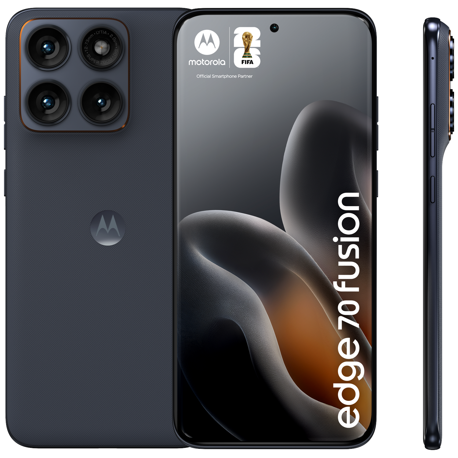 Three Motorola Edge 70 Fusion phones shown from front, side and back.