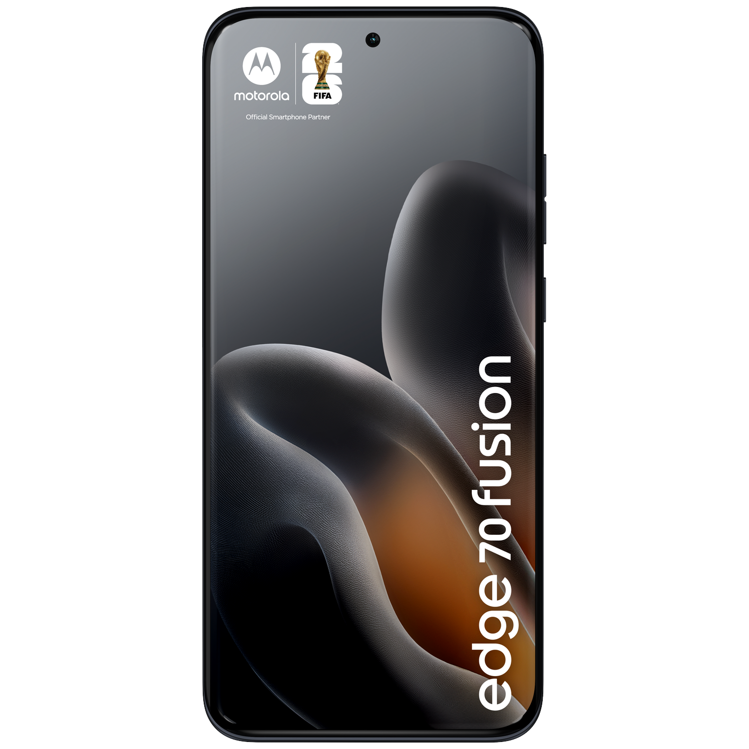 Motorola logo and FIFA trophy on a smartphone with "edge 70 fusion" text.