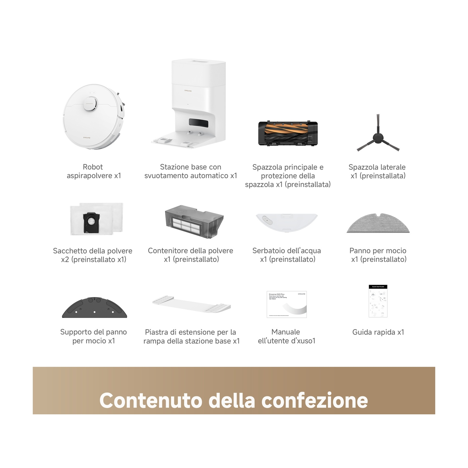 Contenuto della confezione: Robot aspirapolvere, stazione, spazzole, sacchetti, serbatoio acqua, panno.