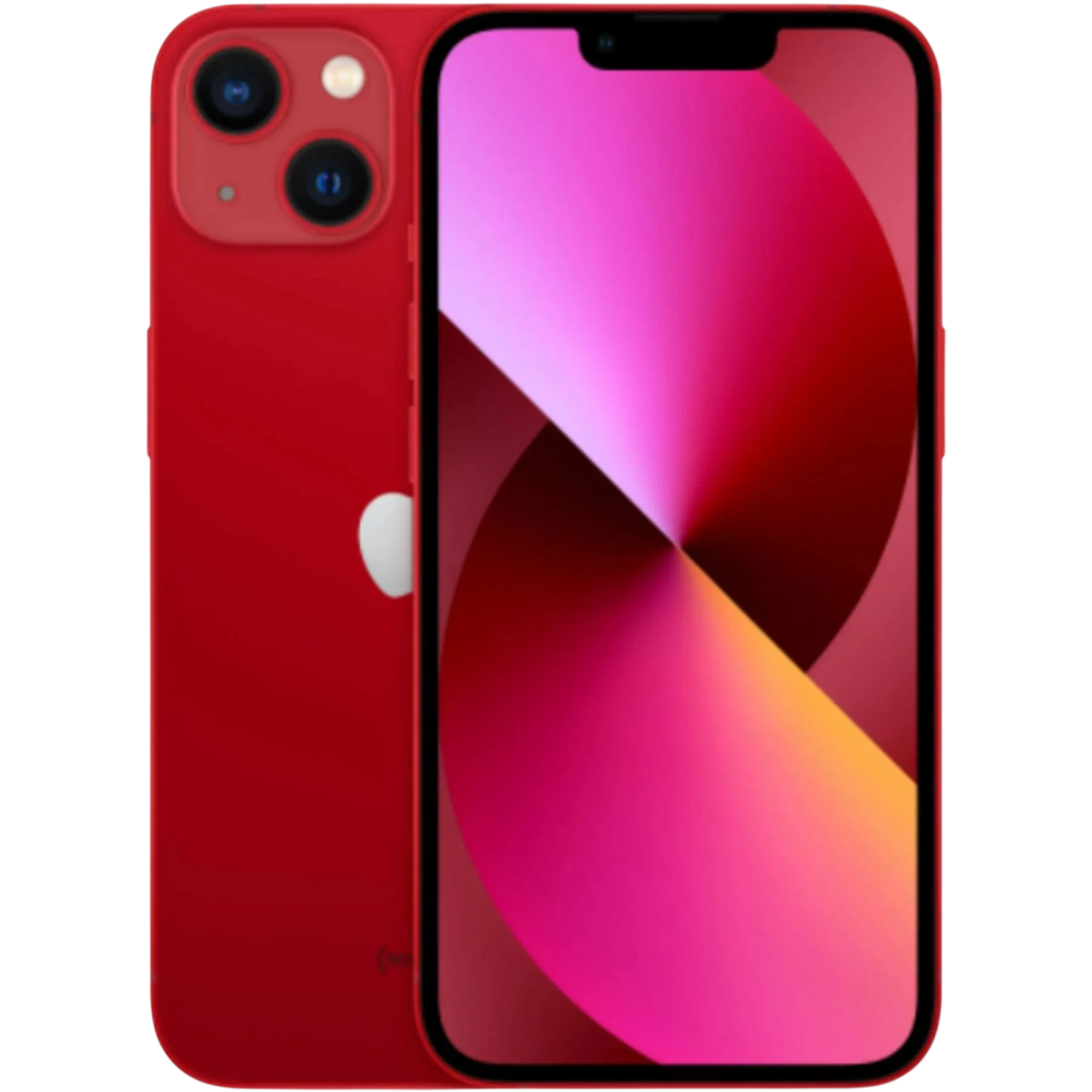 Arkada iki kamerası ve renkli ekranı olan kırmızı bir iPhone.