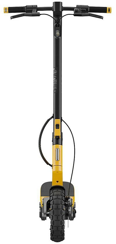 Ein gelber und schwarzer Elektroroller mit breitem Reifen.