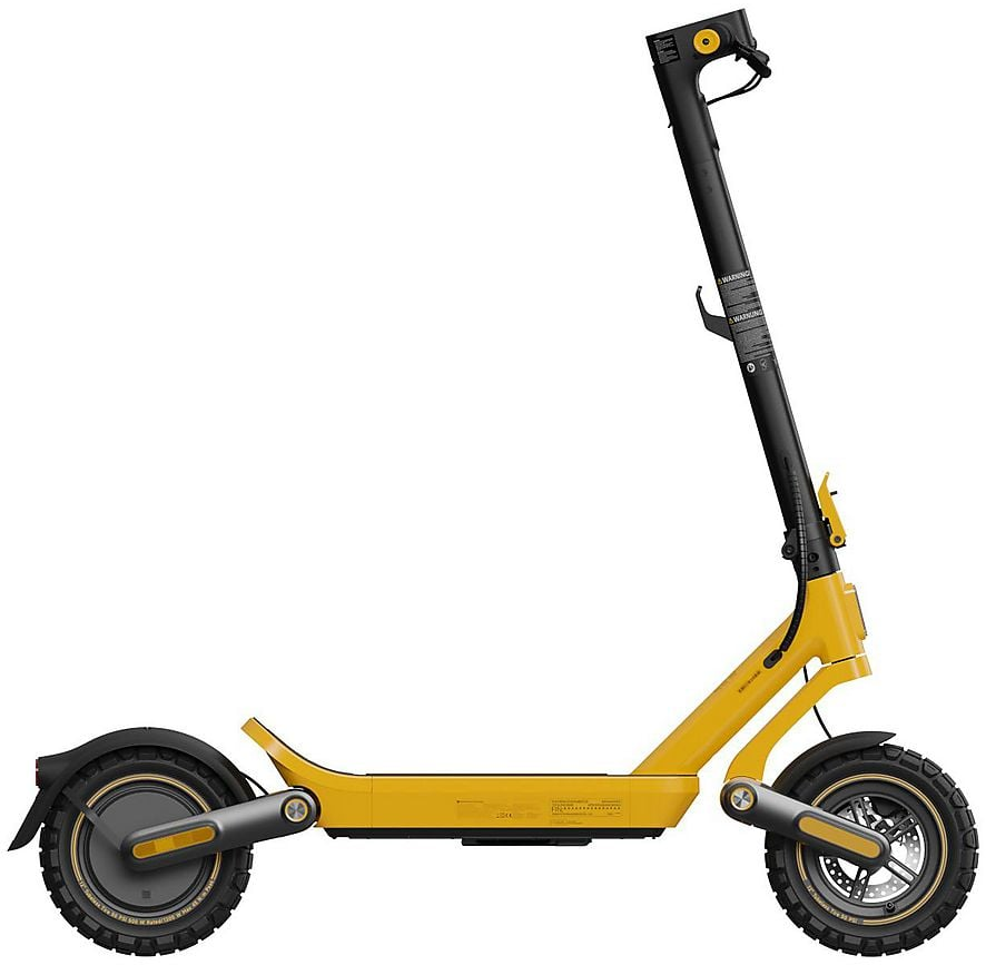 Ein gelber Elektroroller mit schwarzen Griffen und Rädern.