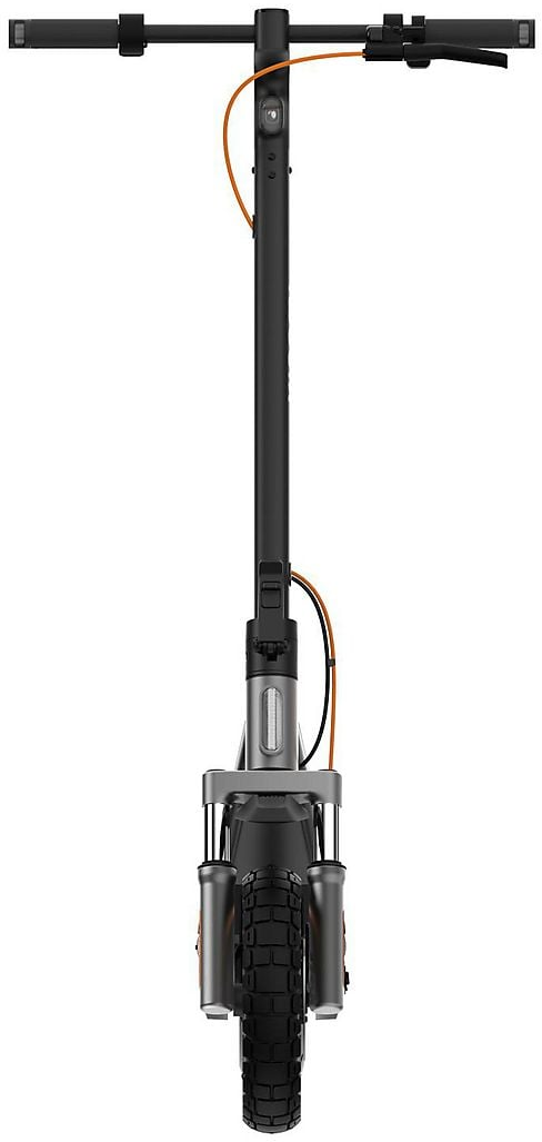 Vista frontale di un monopattino elettrico nero con accenti arancioni e pneumatico robusto.